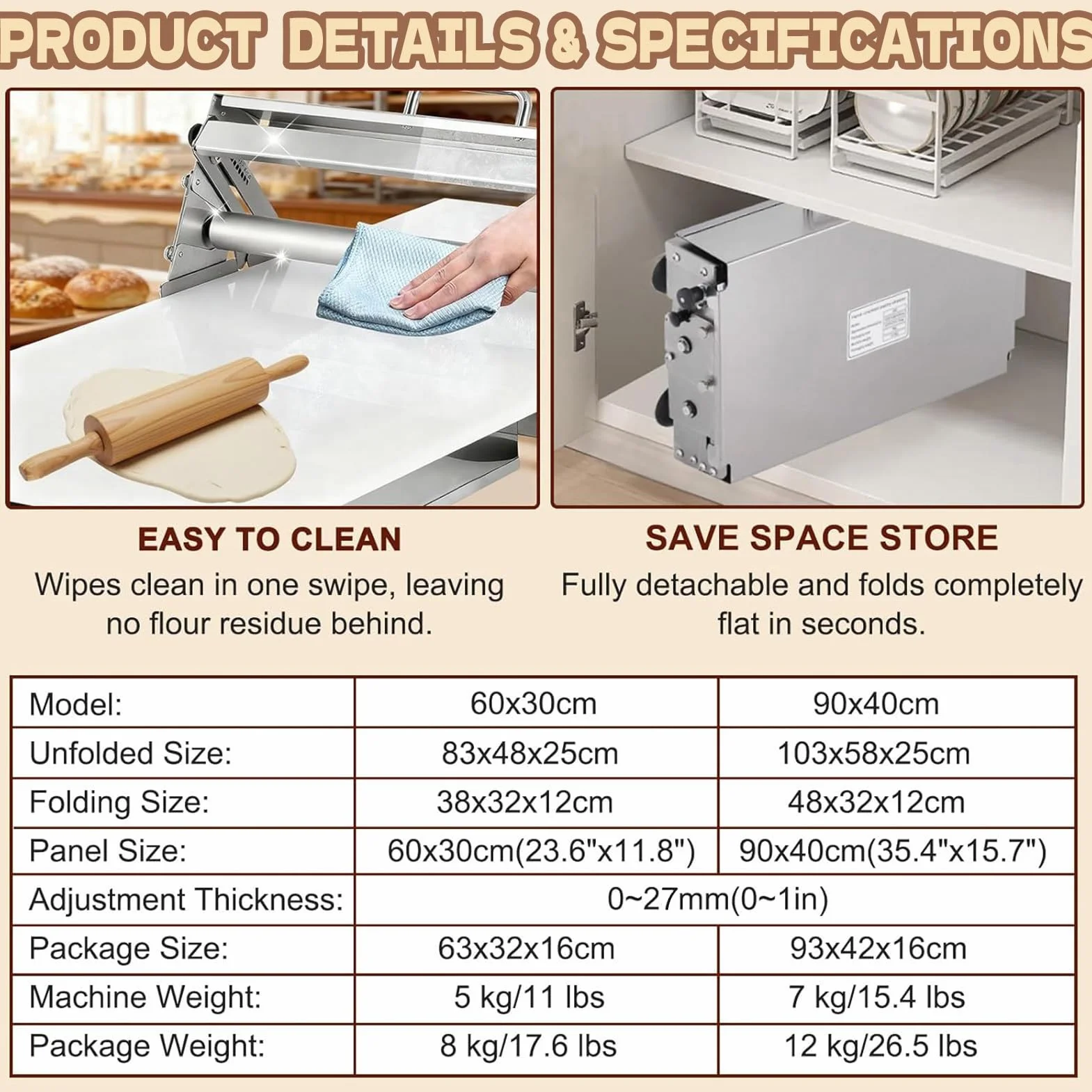 Ręczna wałkarka do ciasta, składany wałek do ciasta ze stali nierdzewnej, płyta 30x60 cm / 40x90 cm z regulacją grubości 0–27 mm – do pizzy, rogali, kuchni domowych i komercyjnych