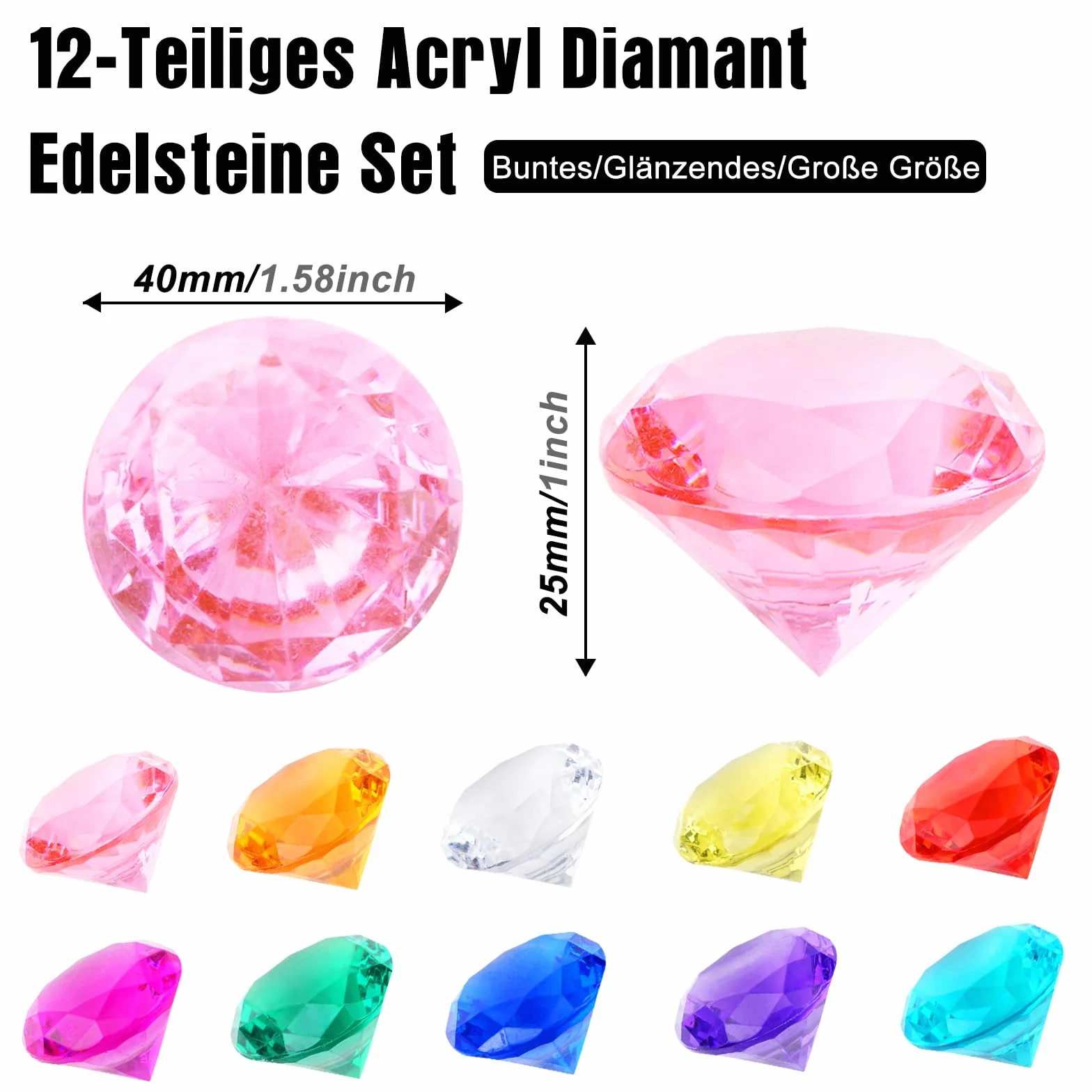 Akrylowe kamienie szlachetne dla dzieci, kolorowe, 12 sztuk, 40 mm, duże, tworzywo sztuczne, diamenty deco, akrylowe diamenty, przezroczyste kryształki diamentowe do wazonów, dekoracji stołu