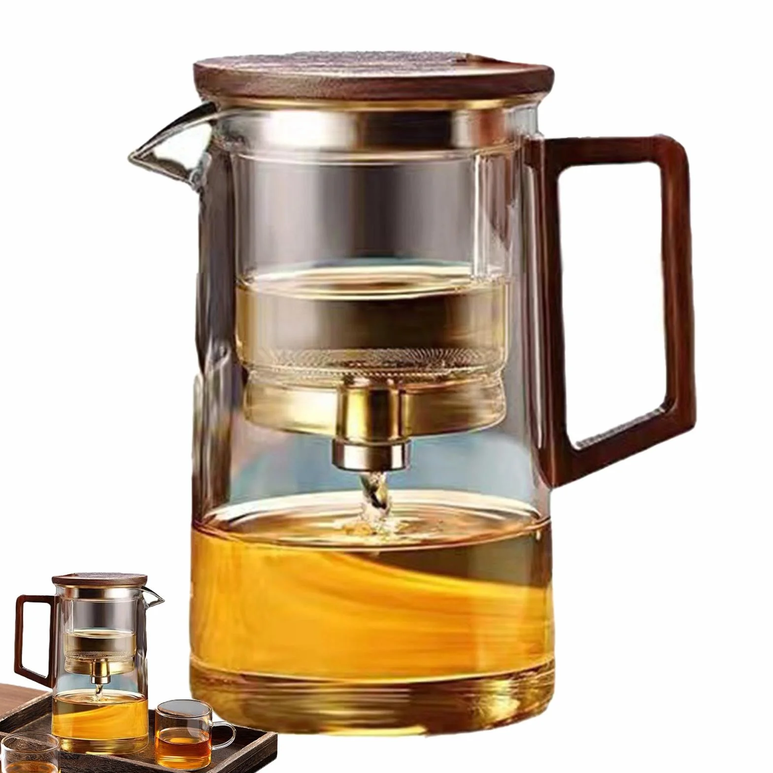 Szklany czajniczek z uchwytem, 500 ml / 750 ml, szklany czajnik do herbaty z sitkiem, ergonomiczny, przezroczysty, z drewnianym uchwytem, zmywarka, magiczny czajniczek do herbaty sypkiej