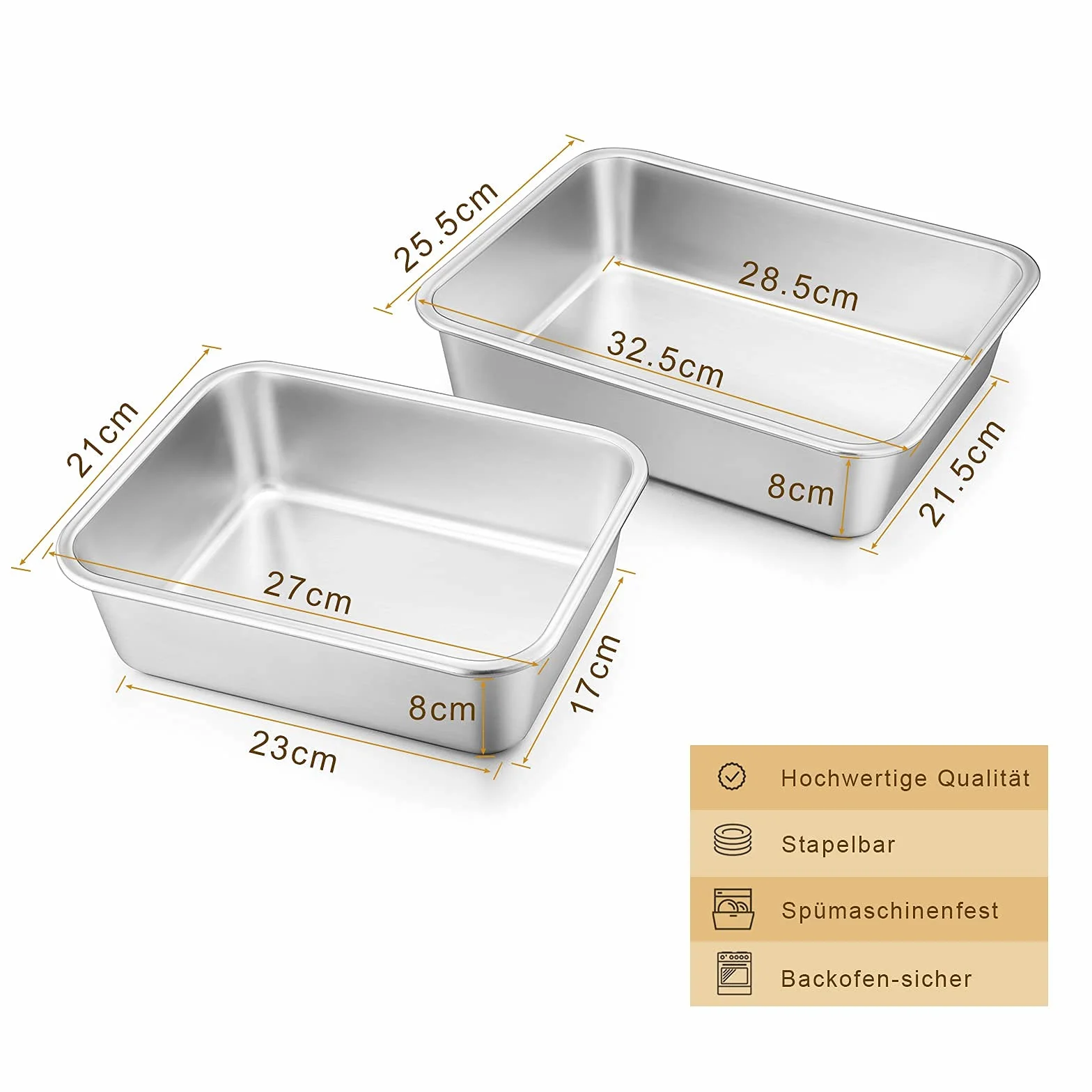 Homikit Forma do zapiekanek, zestaw 2 sztuk, stal nierdzewna, prostokątna, forma do pieczenia, tiramisu, idealna do lasagny/marzania/brownie, do dużych obciążeń i wysokiej temperatury, nadaje się do