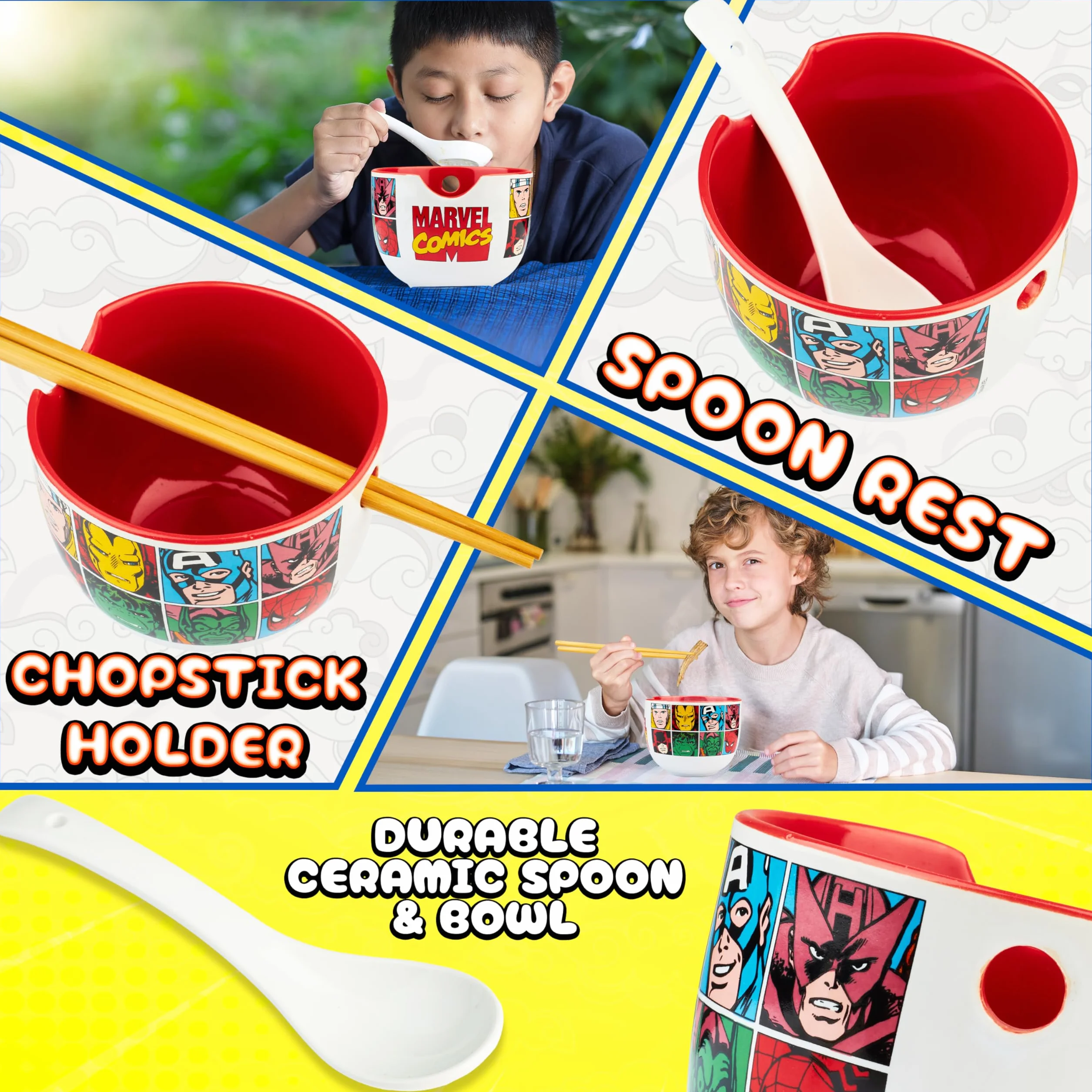 Get Trend Marvel Zestaw miseczek ramenowych 600 ml, japońska miska do makaronu z ceramiczną łyżką, bambusowe pałeczki, kompatybilna z mikrofalówką, prezent superbohatera