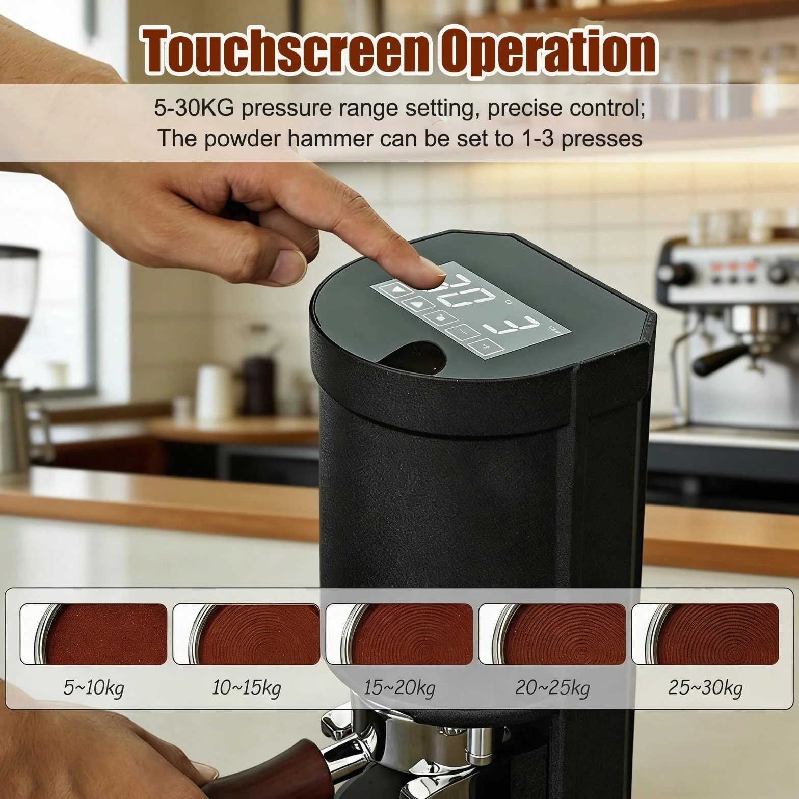 Ubijak do Kawy 58 Mm, Automatyczna Elektryczna Prasa do Kawy Ziarnistej Espresso, Nacisk 5-30 Kg, Regulowany Czas Ubijania od 1 do 3 Black-Threaded