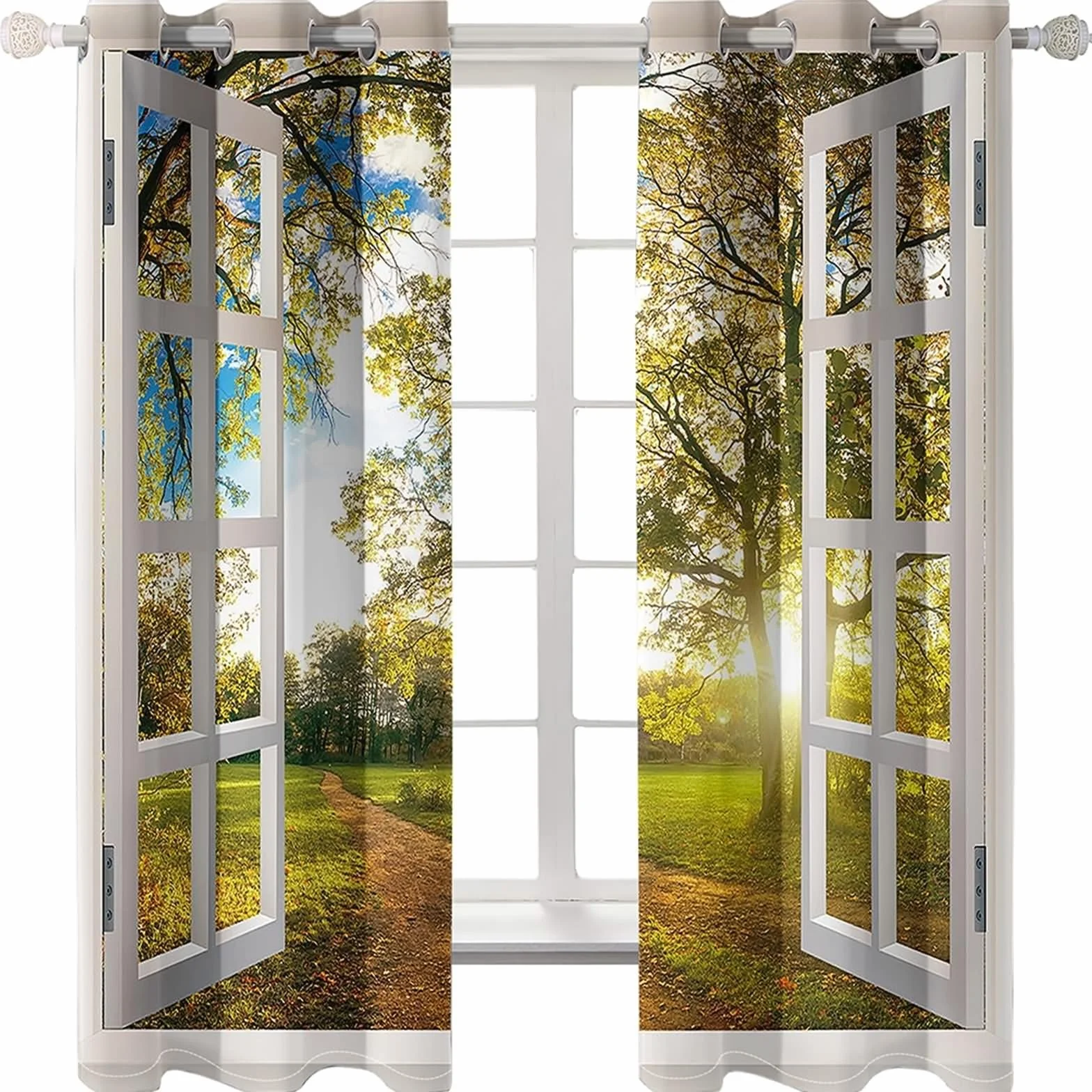Zestaw zasłon do salonu, zasłona zaciemniająca biały żółty zielony rama okienna ze słonecznym ogrodem leśnym krajobraz poliester zestaw 2 sztuk 214 x 160 cm