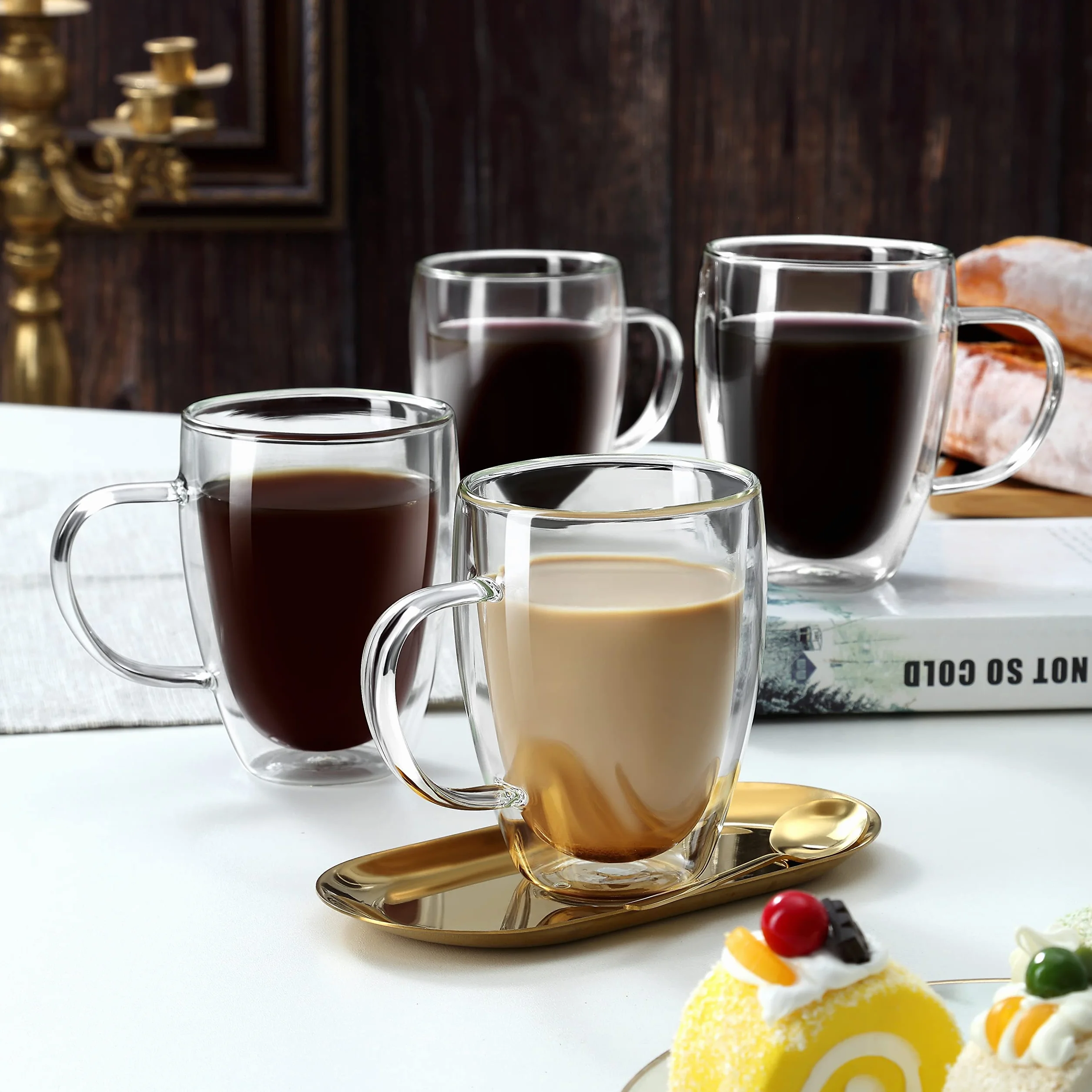 Szklane filiżanki do kawy z podwójnymi ściankami, 340 ml, izolowane filiżanki do kawy, przezroczyste filiżanki ze szkła borokrzemowego, idealne do cappuccino, herbaty, latte, espresso, gorących