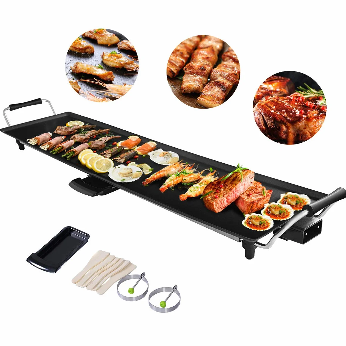 COSTWAY Teppanyaki Grill Elektryczny 90 x 23 cm, Płyta Grillowa 1800 W z Powłoką Zapobiegającą Przywieraniu, 6 Drewnianych Szpatułek i Nieprzywierający Pierścień do Jajek