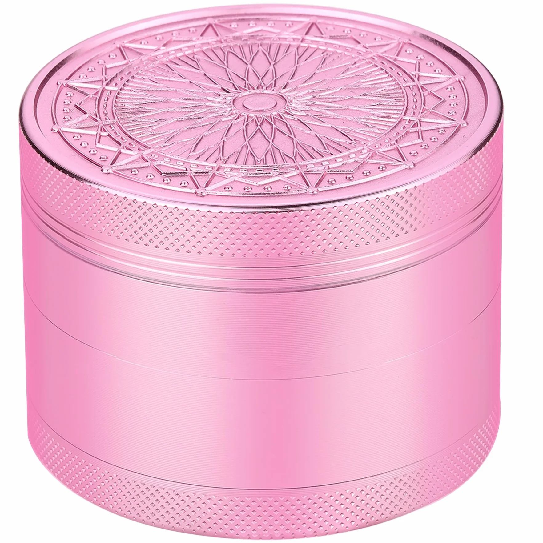 Herb Grinder, aluminiowy młynek premium 2,5 cala (63mm) z wytłoczonym kwiatem, 4-częściowy, duży młynek ze skrobakiem do pyłków (różowy)