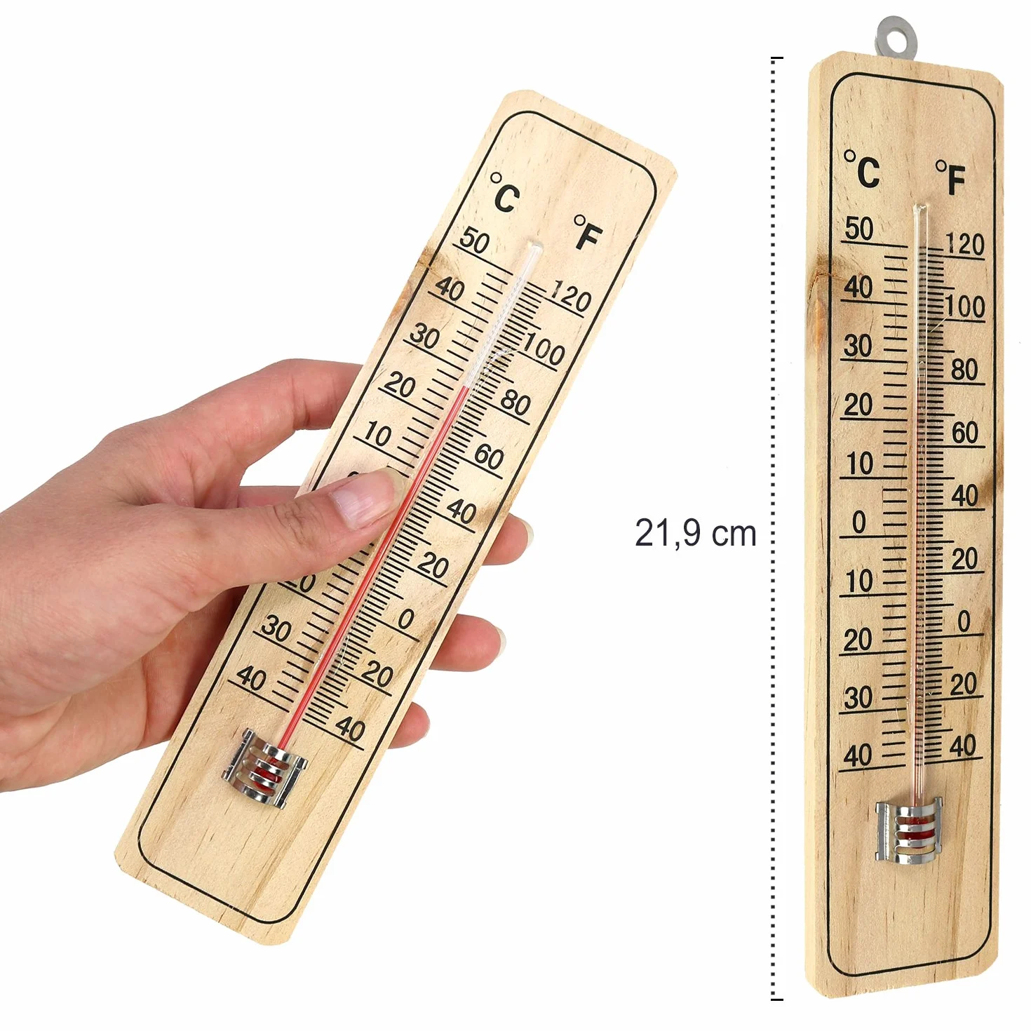 COM-FOUR® 4x Termometr - drewniany termometr do wnetrz - miernik temperatury ze skala w stopniach Celsjusza i Fahrenheita (04 sztuk - 21,9x4,8x0,6cm)
