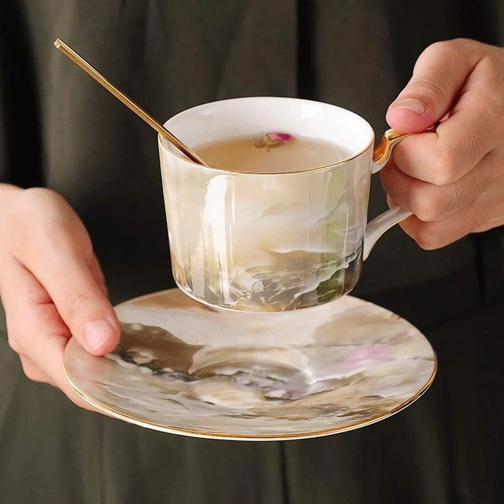 Kubek do kawy 250ml z uchwytem, ​​marmurkowa filiżanka do kawy i spodek luksusowa porcelana kostna angielski popołudniowa herbata czarna herbata kwiatowa filiżanka do herbaty do biura domu kawiarnia(B