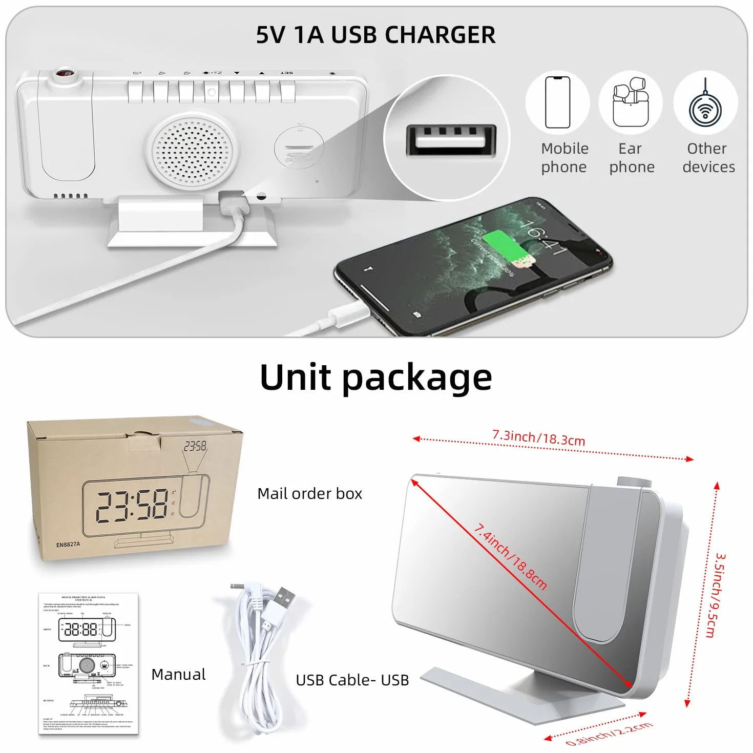Budzik z projektorem na ścianę, podwójny alarm, LED, 12/24 h, 4 poziomy jasności, port USB, biały