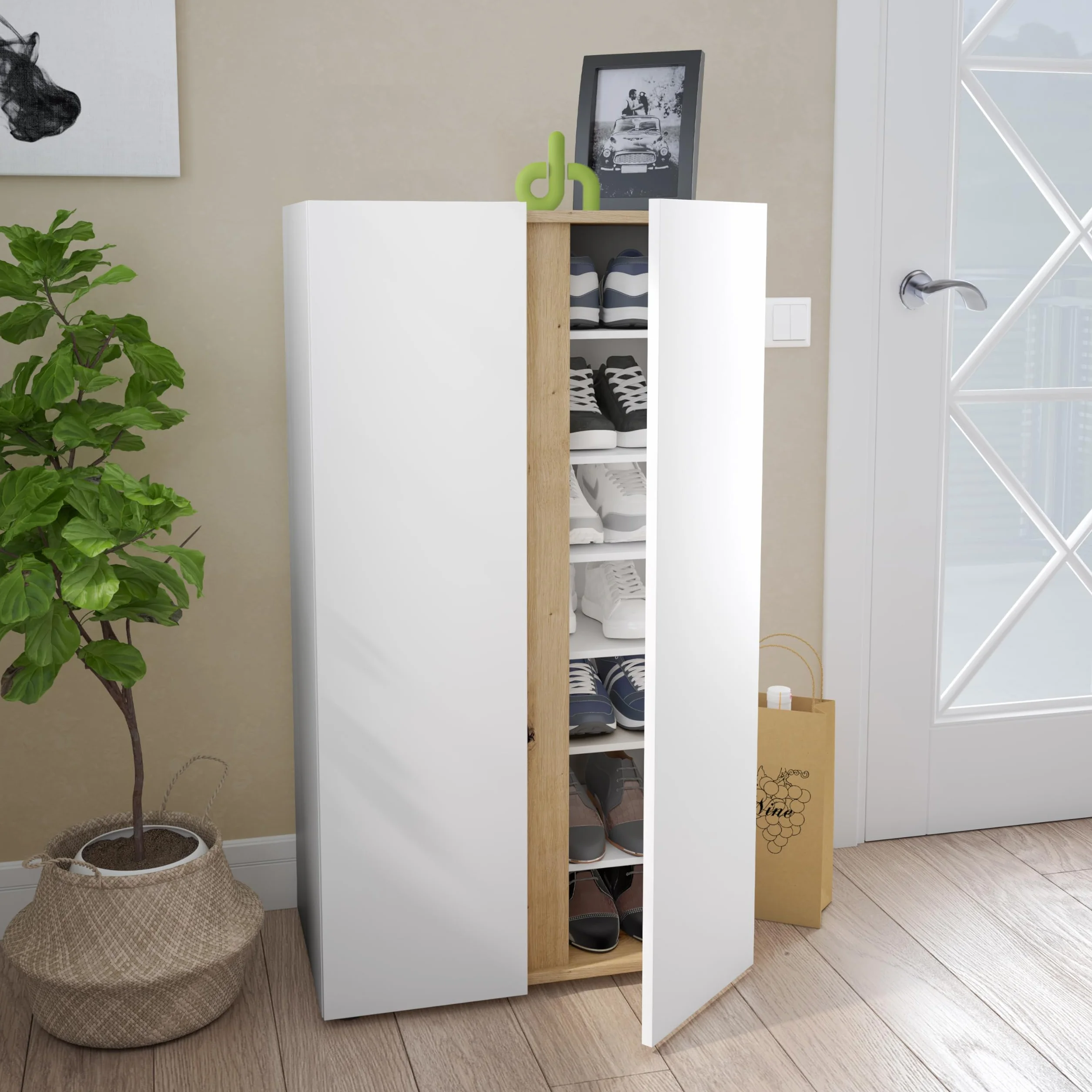 duehome | Eitan, 2-drzwiowy szewc, Szafka na buty, Wykończenie w kolorze białym Artik & Dąb Nodi, Wymiary: 56,5 cm (długość) x 102 cm (wysokość) x 35 cm (tło)