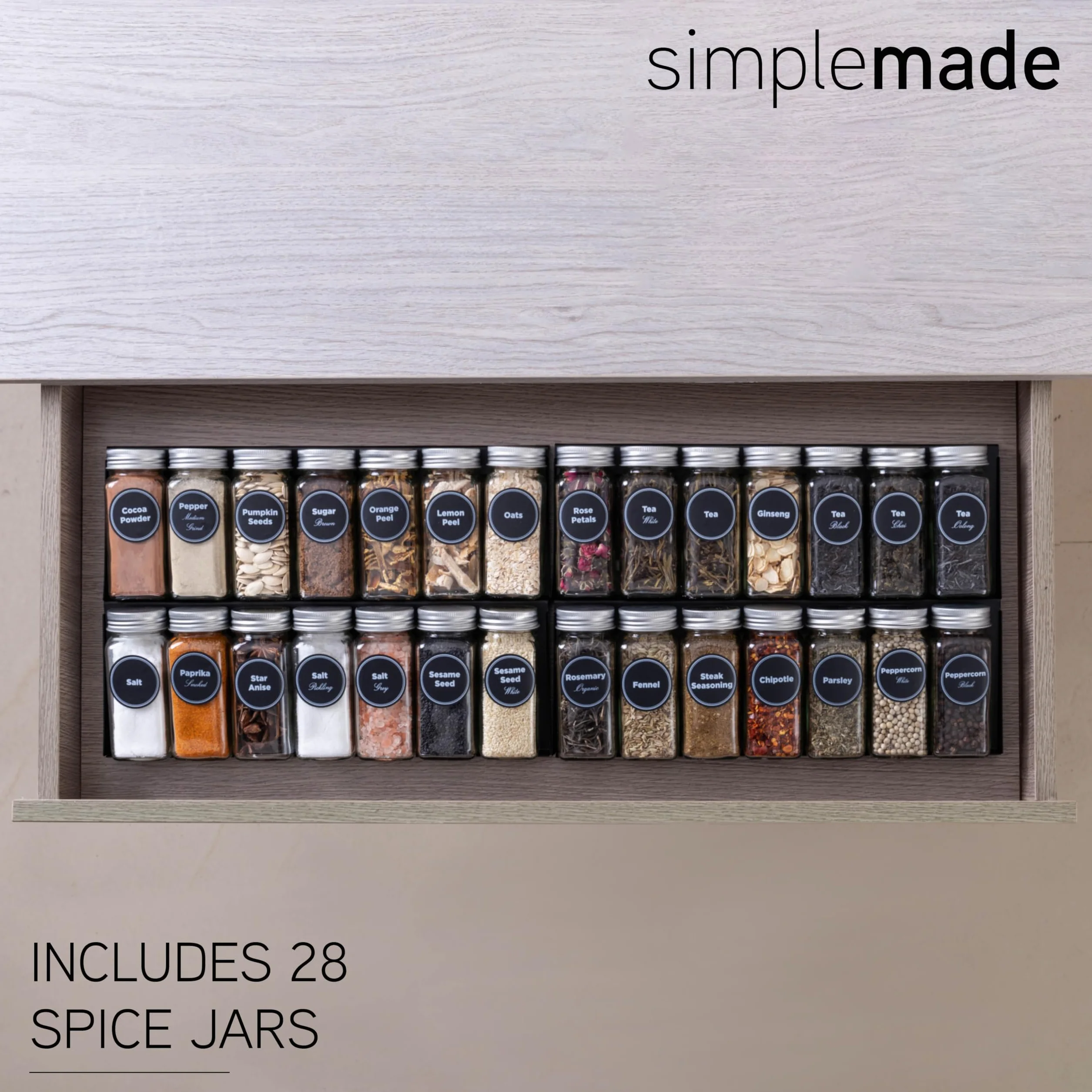 simplemade - Organizer do szuflad, stojak na przyprawy do kuchni, 4-poziomowy czarny organizer na przyprawy z 28 słoikami i etykietami z długopisem, silikonowy lejek, 33 cm na 44,5 cm