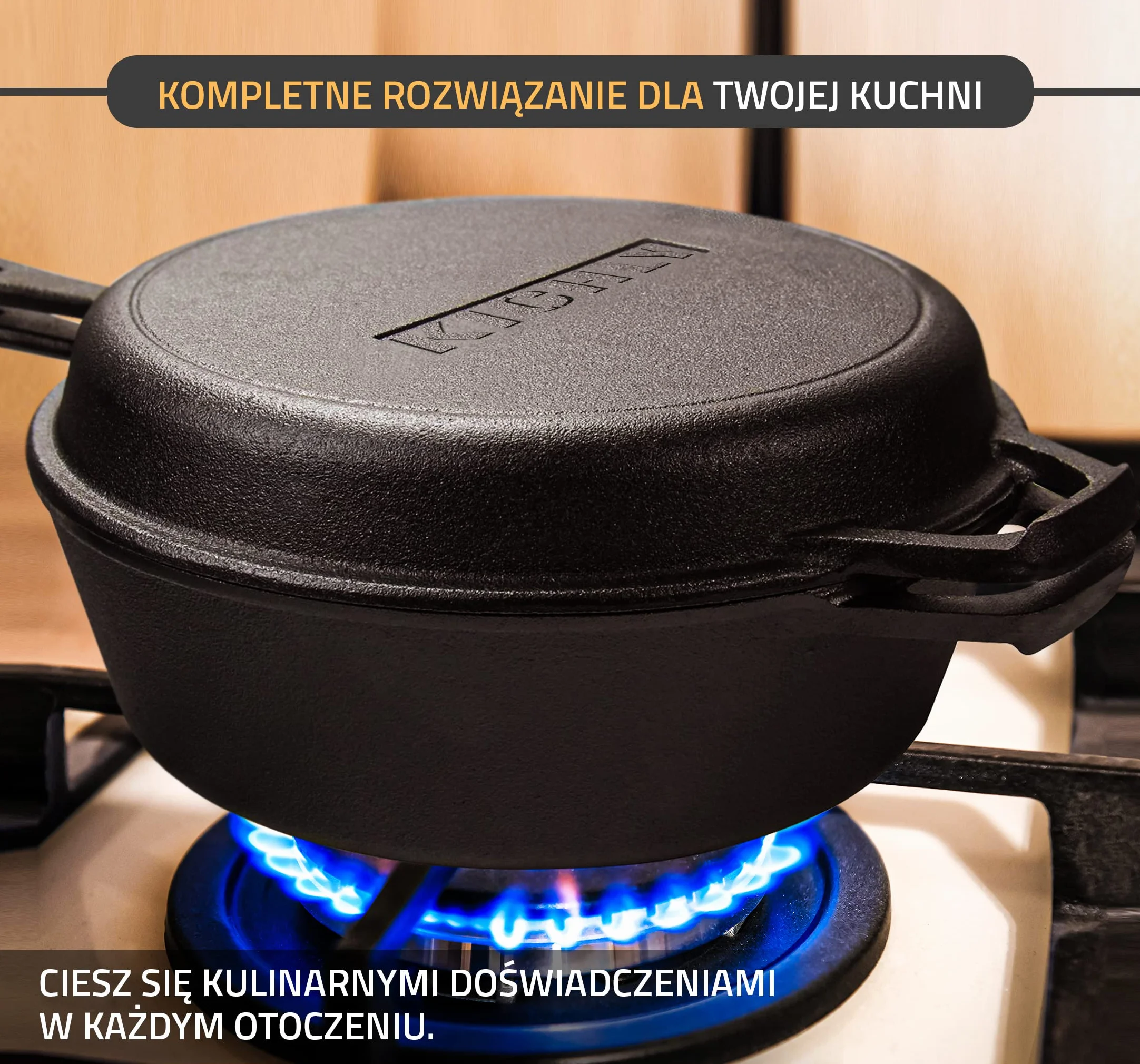 KICHLY Wstępnie solony holenderski kocioł do piekarnika - Dwufunkcyjne patelnie grillowe - bezpieczna żeliwna kuchenka kombinowana do kuchenki, kempingu, wewnątrz i na zewnątrz - zestaw do gotowania 3L/3.2 Quart (2 w 1)