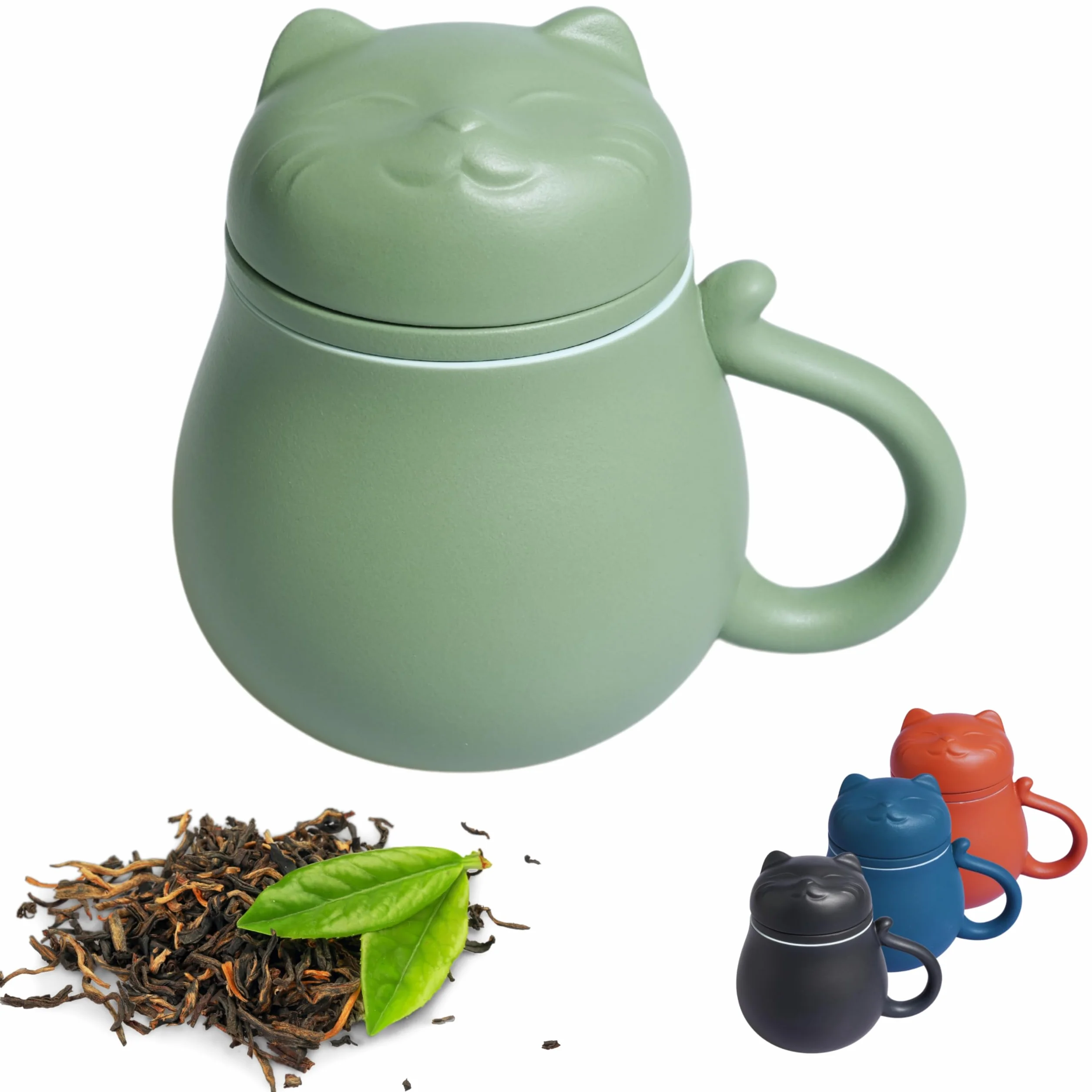 Ceramiczna filiżanka do herbaty, 400 ml, kompletny zestaw z pokrywką i sitkiem, wzór kota, na luźne liście i zioła, praktyczny prezent dla rodziny - zielony