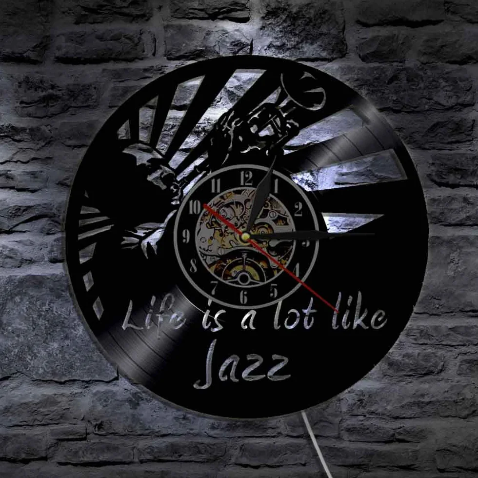ELD Muzyka płyta winylowa zegar ścienny jazz dom sztuka dekoracyjna muzyka wycinana laserowo dekoracja ścienna wiszący zegarek cichy kwarcowy miłośnik muzyki prezent średnica 30 cm 7 zmienianych