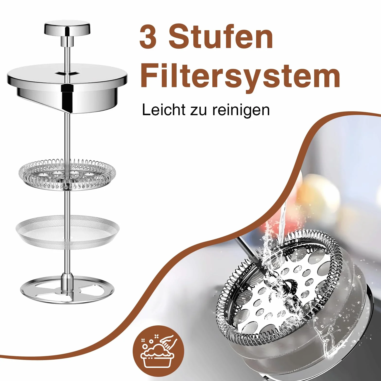 Zaparzacz do kawy 1000 ml, French Press, stal nierdzewna, prasa do kawy 8 filiżanek z systemem 3 filtrów ze stali nierdzewnej, izolowany dzbanek do kawy z podwójnymi ściankami i zaparzacz do