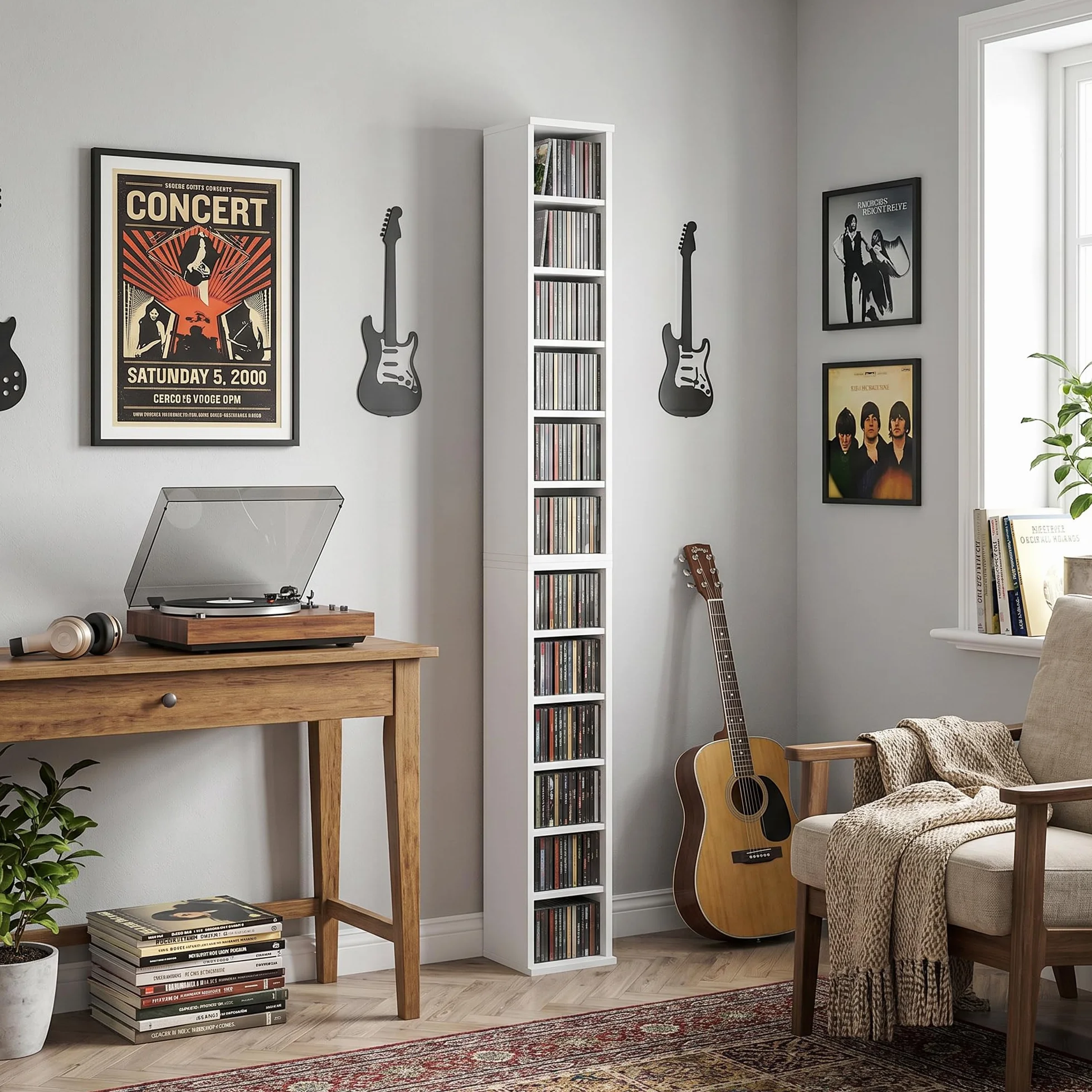 HOMCOM Regał na płyty CD, DVD i Blu-ray, zestaw 2 sztuk, możliwość układania w stos, 21 x 22,5 x 88,5 cm, biały | Regał na płyty CD, regał stojący z 5 regulowanymi półkami, regał na media, regał dekoracyjny