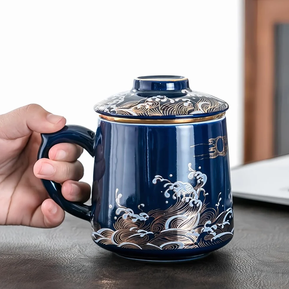 Kubek ceramiczny do herbaty z pokrywką i zaparzaczem do herbaty sypanej, wzór fal lub tygrys i chmura, kubek do zaparzania herbaty do biura i domu, wiele kolorów (Fale - Azure Blue)