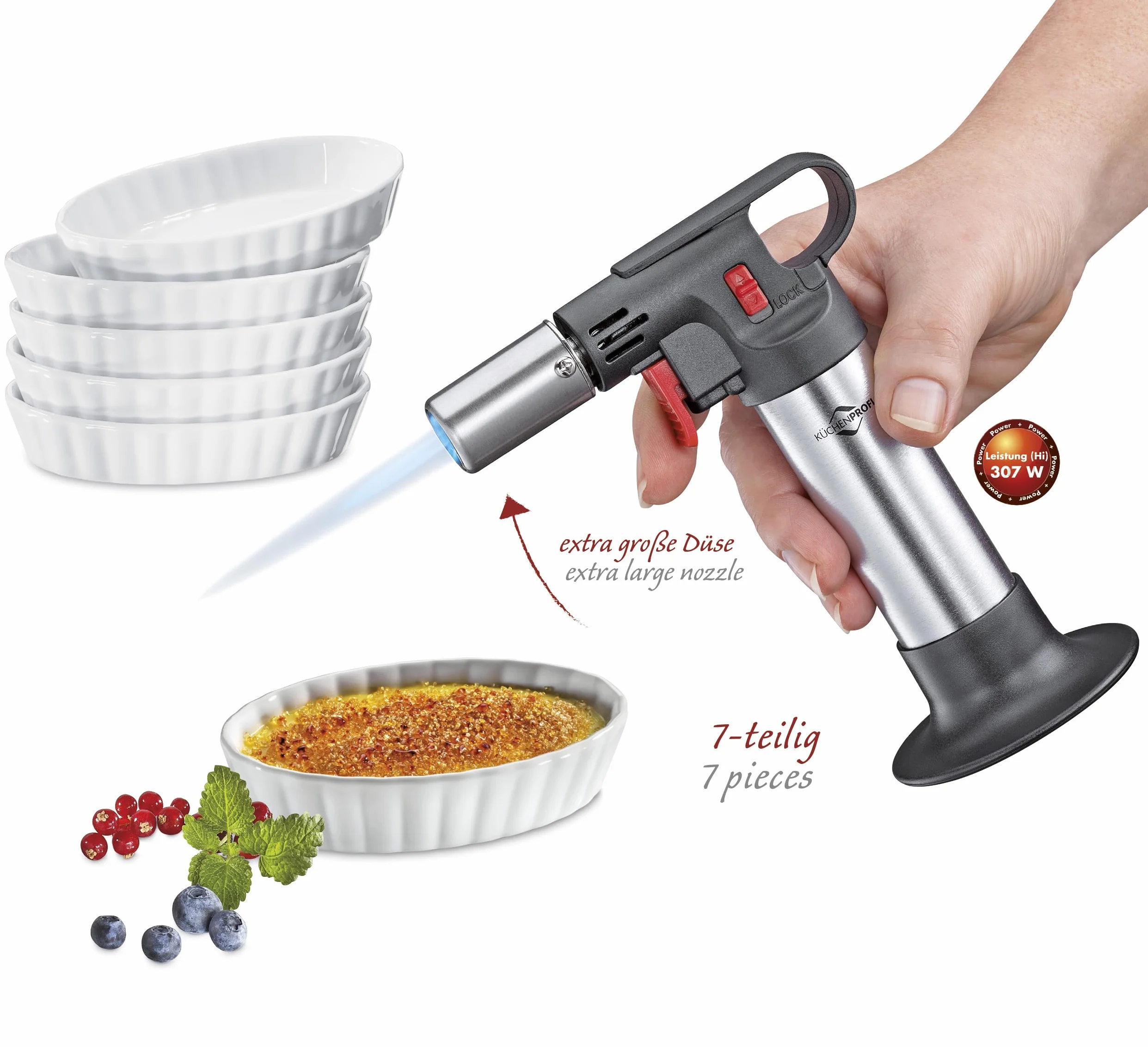 Küchenprofi Crème Brûlée zestaw Deluxe 7-częściowy | 1 x palnik do flambirowania | 6 x miseczka z twardej porcelany (85 ml) | nadaje się do piekarnika i kuchenki mikrofalowej | Creme Brulee zestaw z