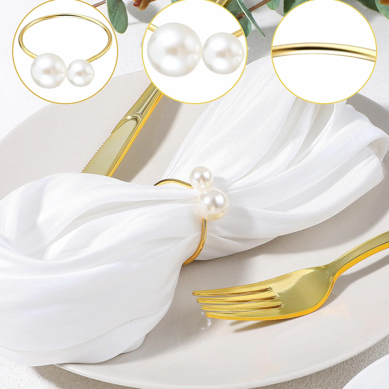 Prasacco Pierścienie na serwetki, 12 sztuk, złote klamry do serwetek z koralikami, regulowane pierścienie na serwetki w stylu vintage, jako dekoracja stołu na wesela, festiwale, do restauracji,