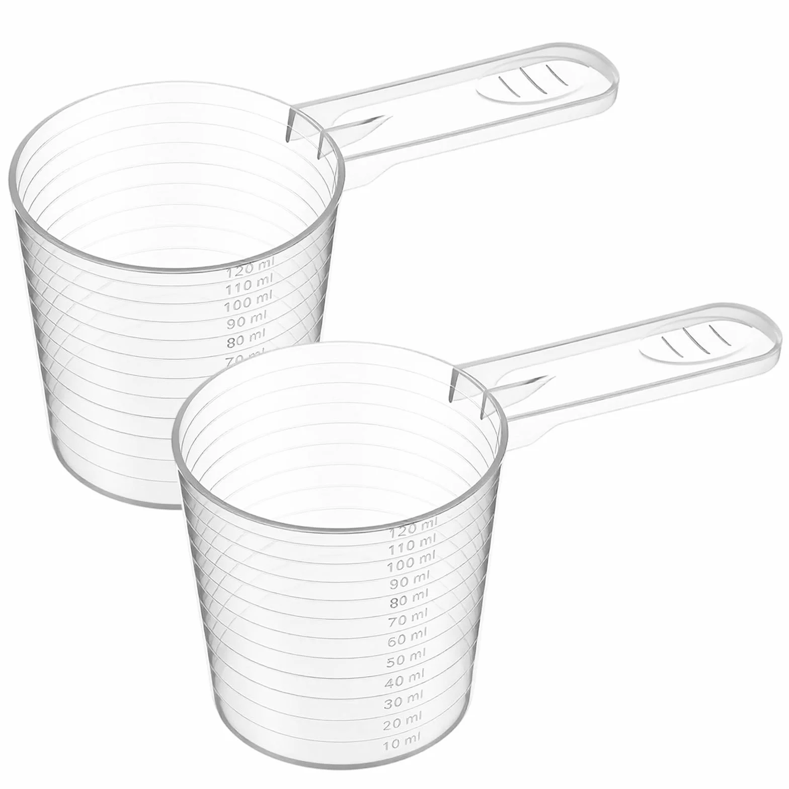 Zestaw 2 kubków z miarką z tworzywa sztucznego, małe mini kubki z miarką 120 ml, małe proszki do prania, przezroczyste, precyzyjne kubki pomiarowe ze skalą do mycia w kuchni, laboratorium, gotowaniu