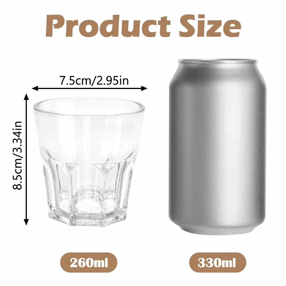 6 akrylowych szklanek do wody, 260 ml, przezroczyste kubki wielokrotnego użytku, na imprezę dla dorosłych, z możliwością układania w stos, do domu, na kemping, piknik, BBQ