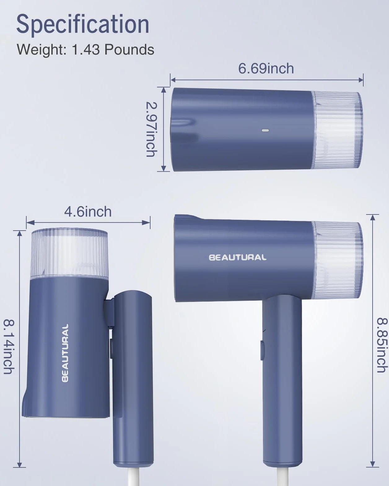 BEAUTURAL Parownica do ubrań, 1000 W, 150 ml zbiornika na wodę, składana, długość kabla 1,9 m,żelazko parowe