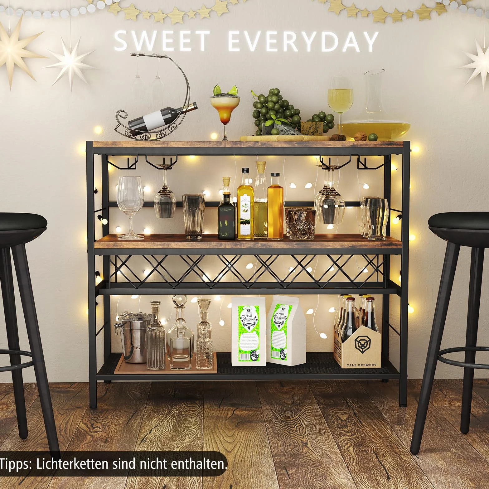COSTWAY Domowy bar, szafka z 4 rzędami uchwytów na szklanki i regał na 7 butelek wina, regał kuchenny, 4 poziomy, metalowa rama, do kuchni, salonu, rustykalny brąz