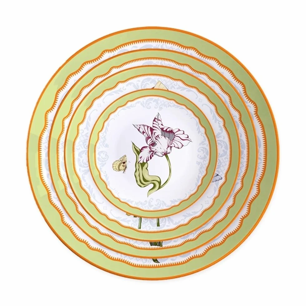 Talerze do makaronu, gliniane talerze deserowe zastawa stołowa porcelana kostna zastawa stołowa orchidea dzwonek kwiat trawa marszczona krawędź danie główne wesele uroczystość blat dekoracyjny talerz