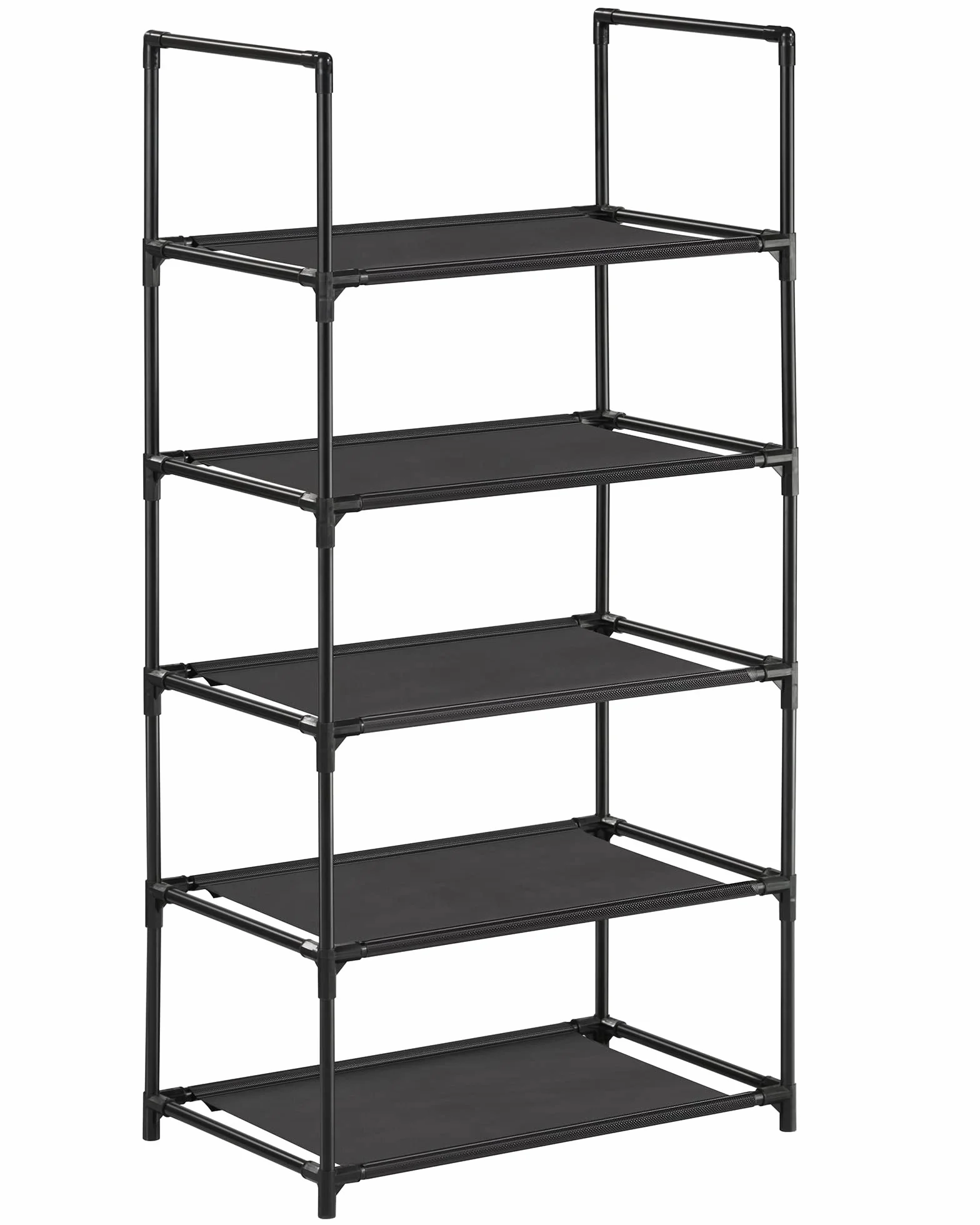 SONGMICS 5-poziomowy stojak na buty, stojak na buty, półka stojąca z metalową ramą, otwarta szafka na buty, stojak na buty, półki z włókniny, wejście, sypialnia, korytarz, czarny LSH005B02