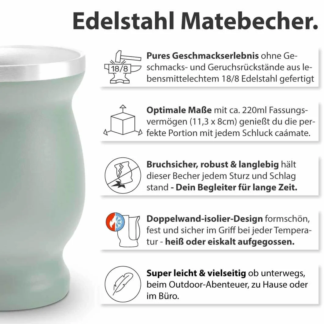 caámate. Mate zestaw do herbaty Bio ● 3 rodzaje matesów + 2 kubki do maty ze stali nierdzewnej o podwójnych ściankach + 2 kubki bombilla + instrukcja przygotowania (zielony)