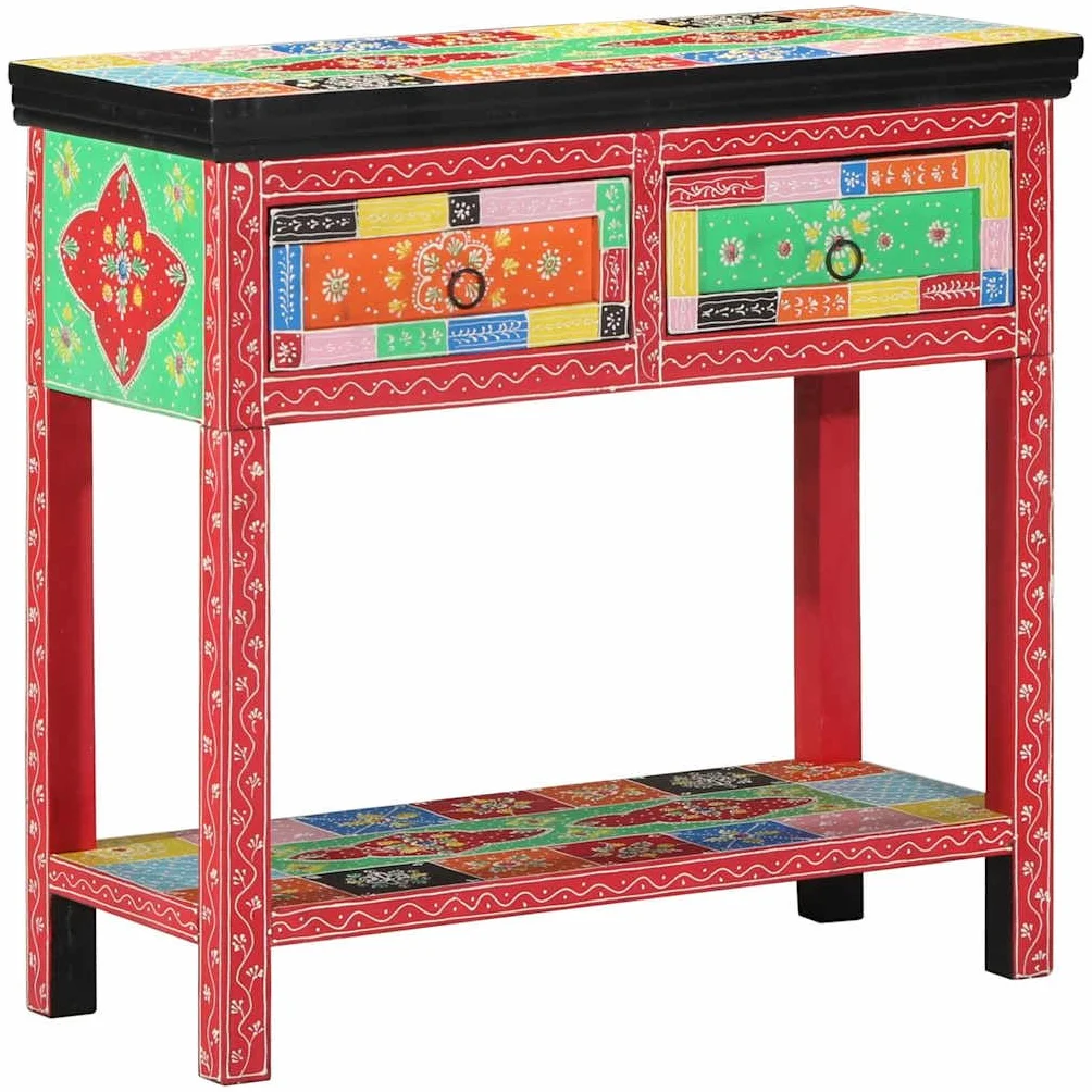 Hothingwell Wielokolorowa konsola boho 80 cm, z litego drewna akacjowego i drewna inżynieryjnego, kolorowy design do salonu lub sypialni, przestronny blat i solidna konstrukcja, przechowywanie