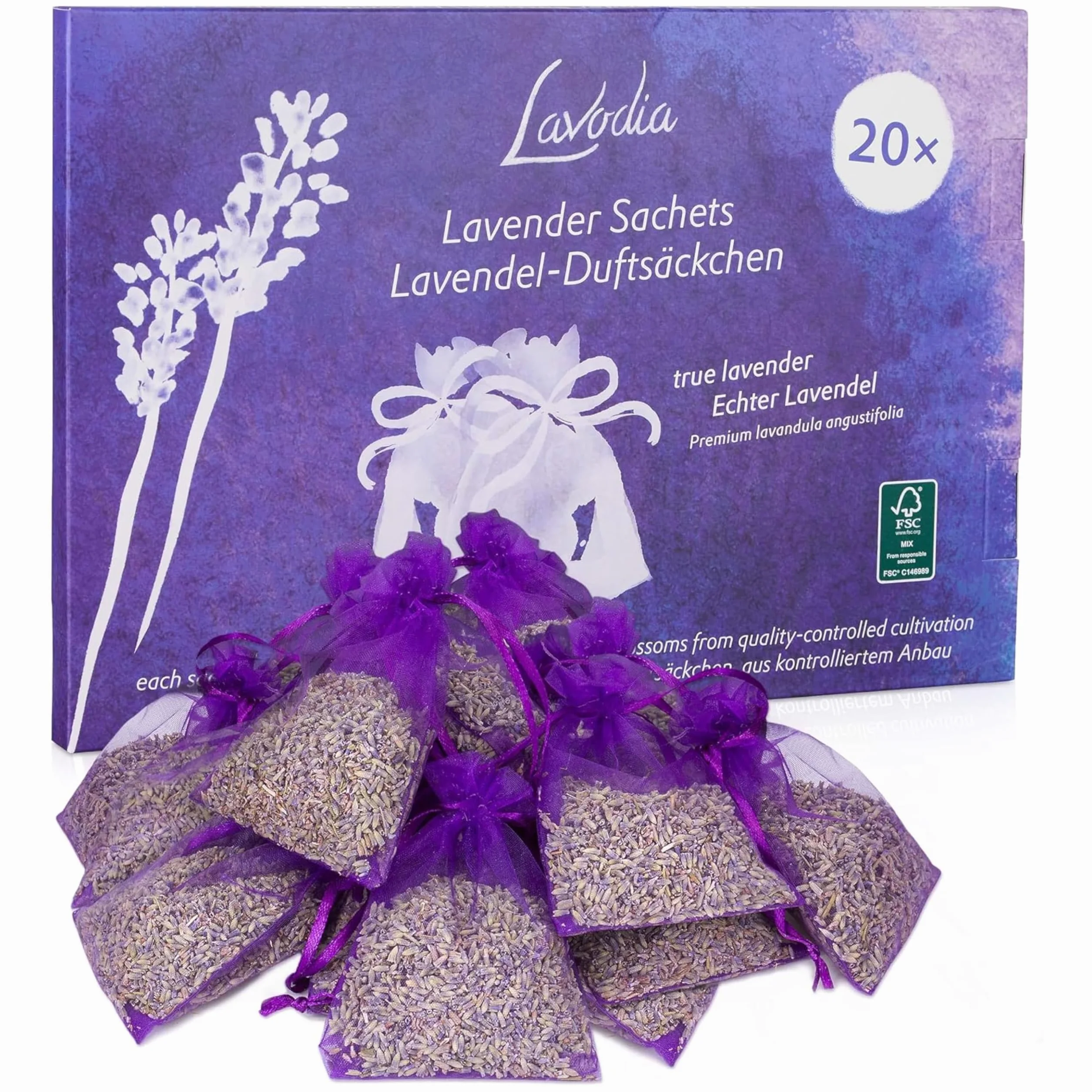 LAVODIA Lawenda 20 x woreczek lawendowy z suszonymi kwiatami lawendy, ochrona przed molami do szafy na ubrania lub zapach lawendy do relaksu, 20 x 6g woreczki