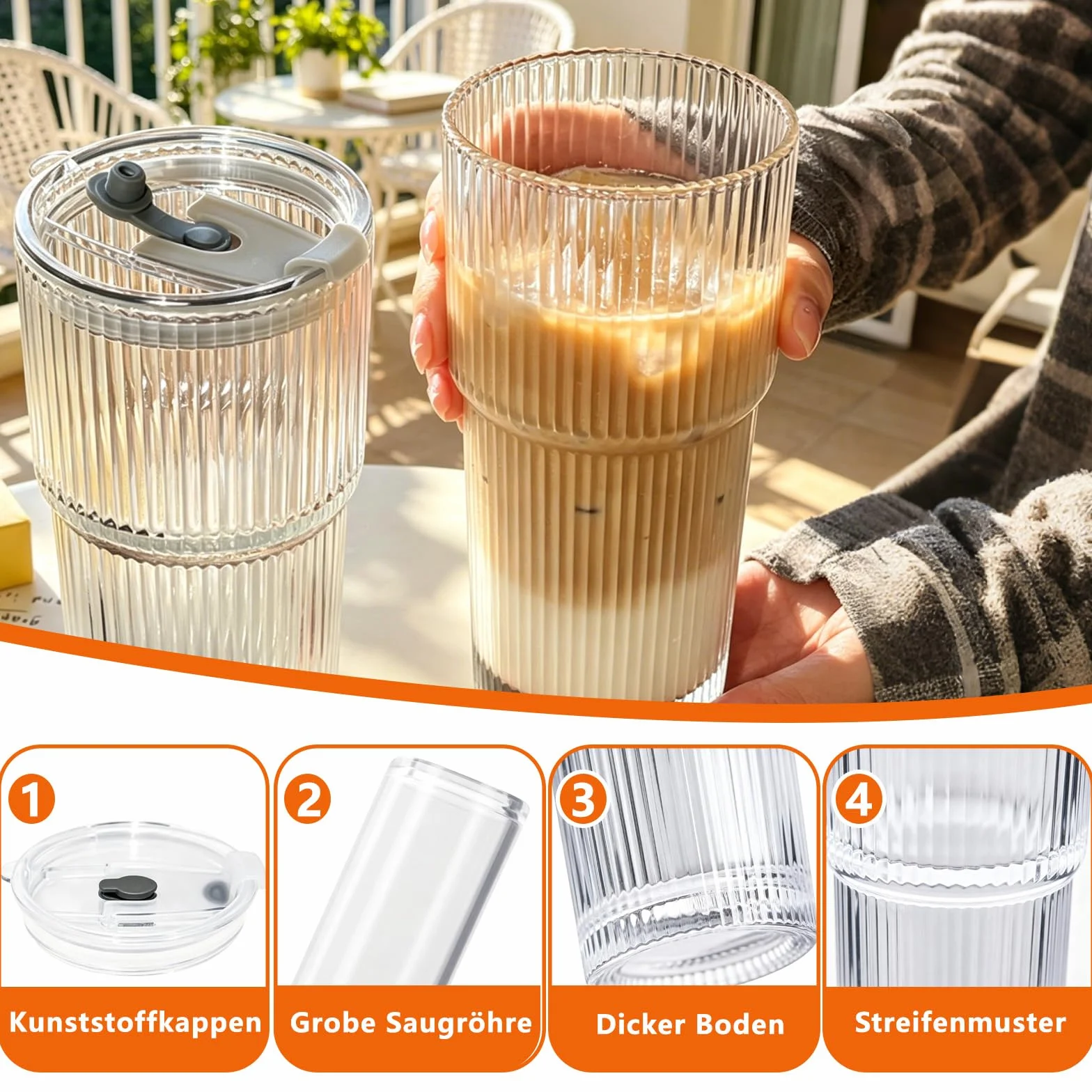 Szklane kubki z ryflowanym kubkiem, 2 sztuki, szklanki do drinków, szklanki do longdrinków, w paski, z pokrywką i słomką, 600 ml, kubek do smoothie, szklany kubek do herbaty, z pędzelkiem do