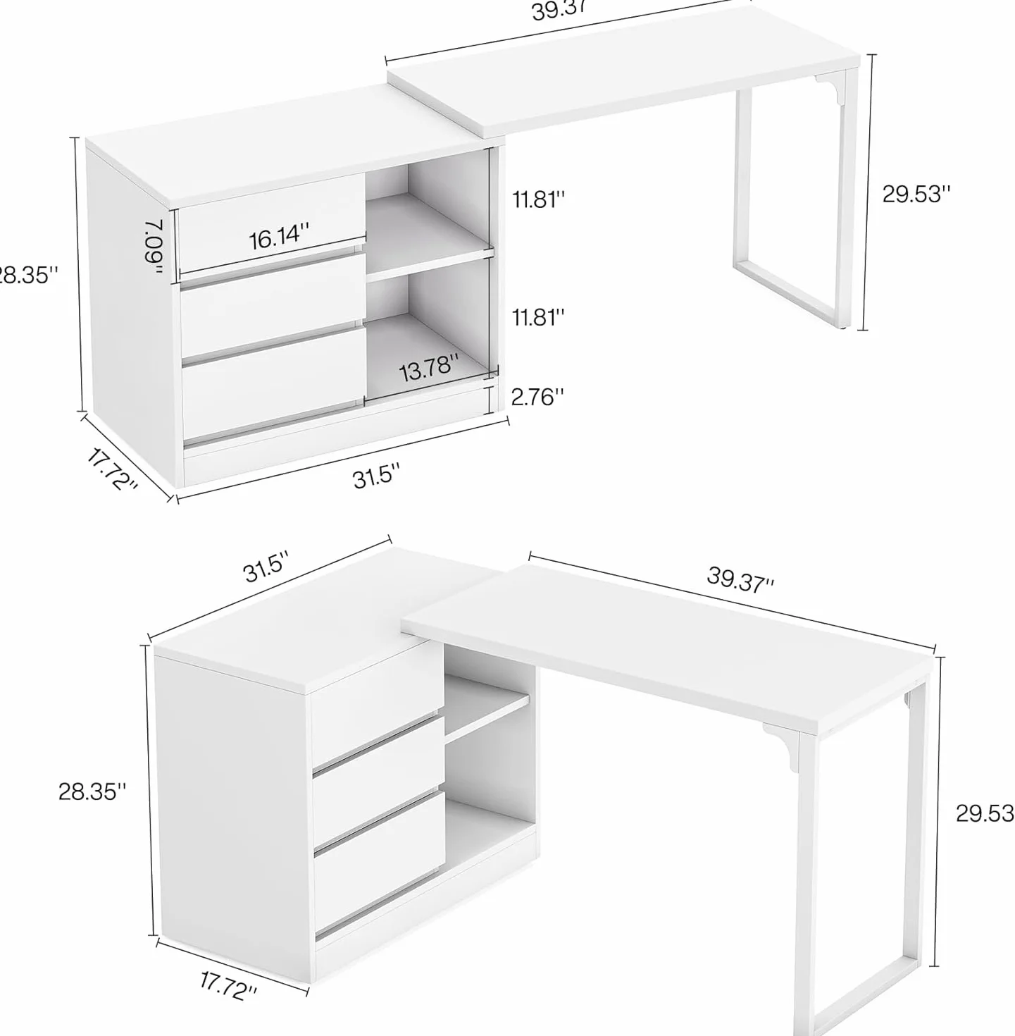Lailang 25cm Biurko Komputerowe L-Kształtne, Biurko Biurowe Z Szufladami, Nowoczesny Stolik Roboczy, Biurko Z Regałem, Duże Biurko Gamingowe, 25 x 10 x 18 cm, Białe