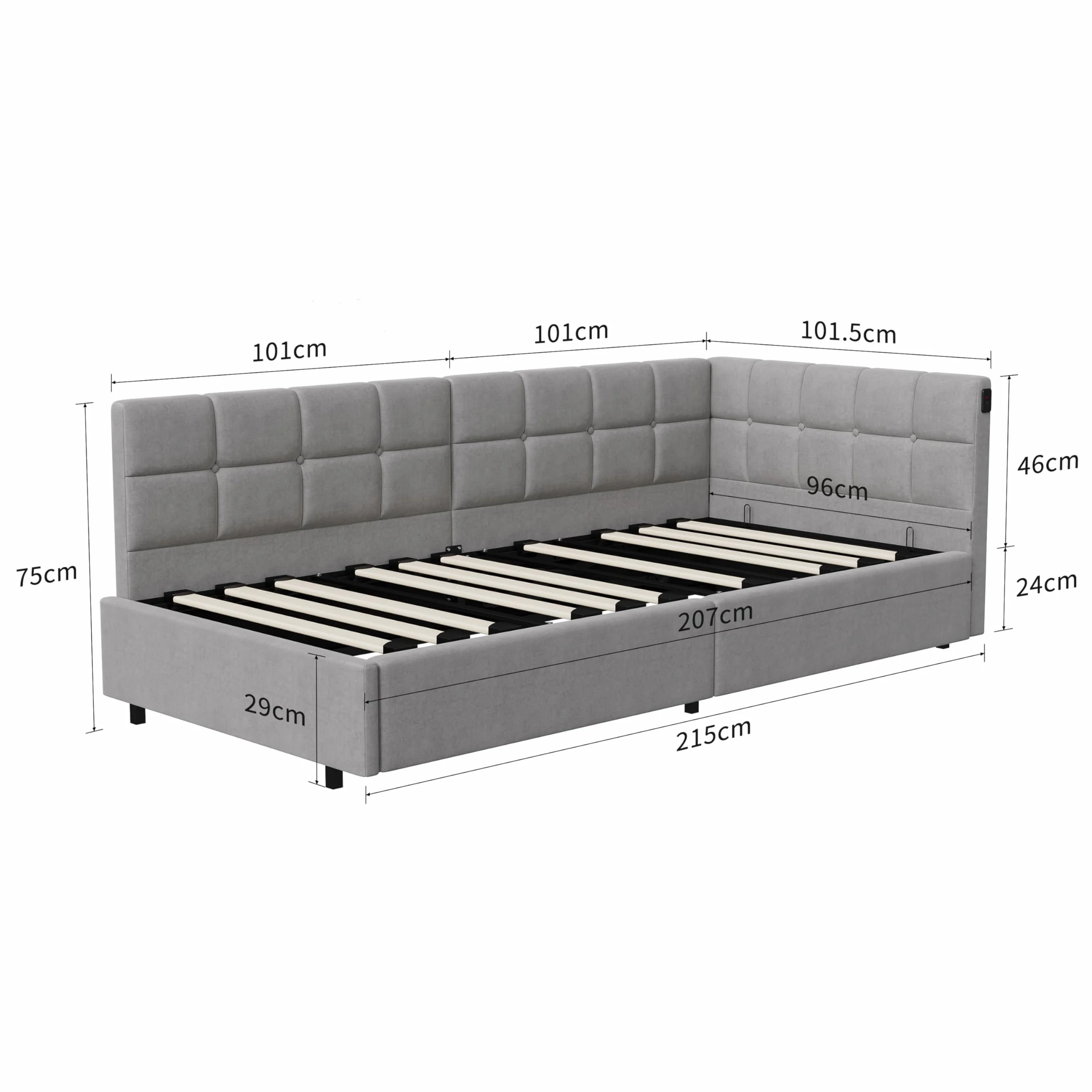 Łóżko tapicerowane, sofa z funkcją spania, 90 x 200 cm, z diodami LED i USB, łóżko młodzieżowe, wielofunkcyjne z hydrauliczną przestrzenią do przechowywania i skrzynią na pościel, sofa z funkcją