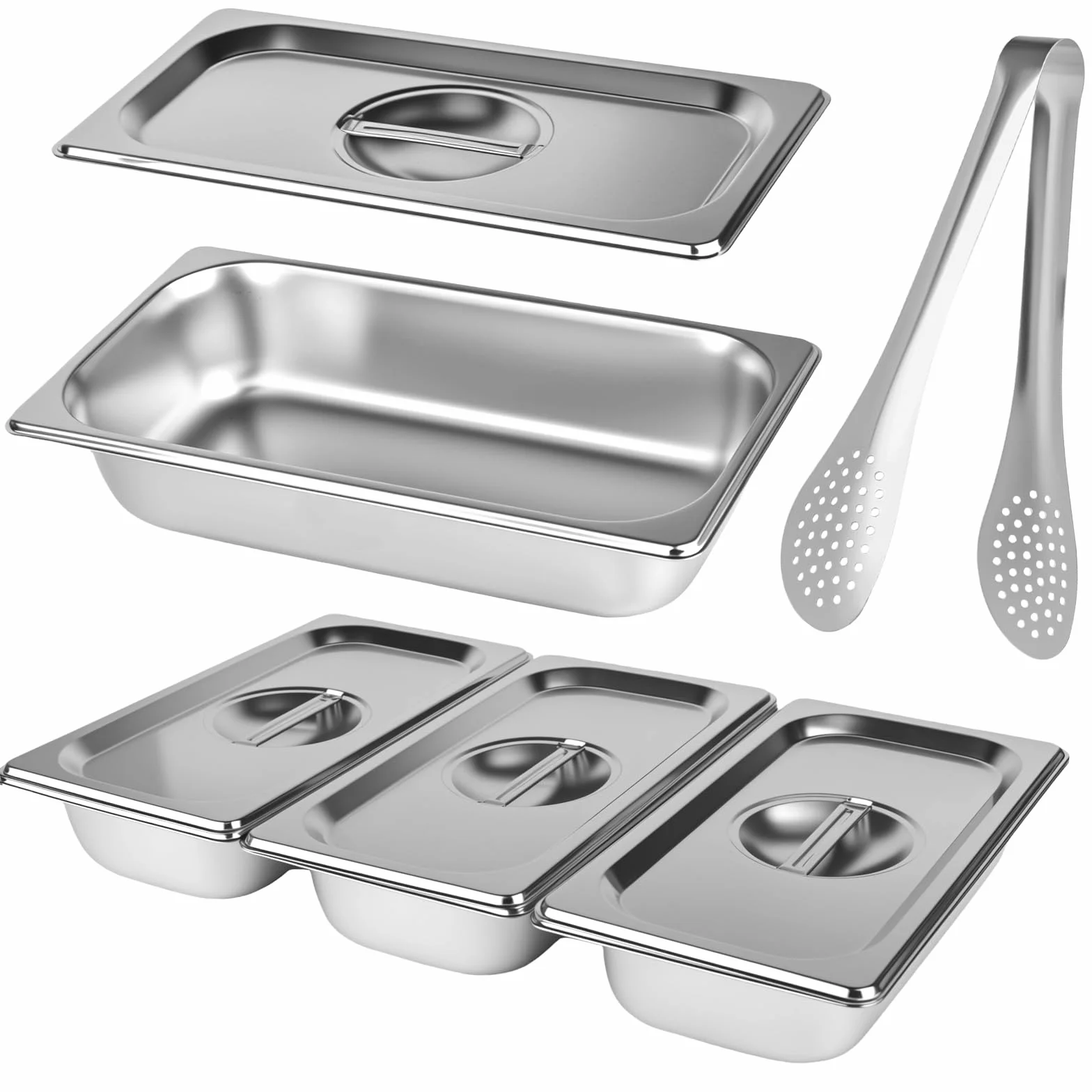 3-częściowy zestaw misek do panierowania, 32,5 x 17,5 x 6,5 cm, pojemnik GN 1/3, prostokątny metalowy pojemnik gastronomiczny z pokrywką ze stali nierdzewnej na kotlety (dostarczane z 3 klipsami ze