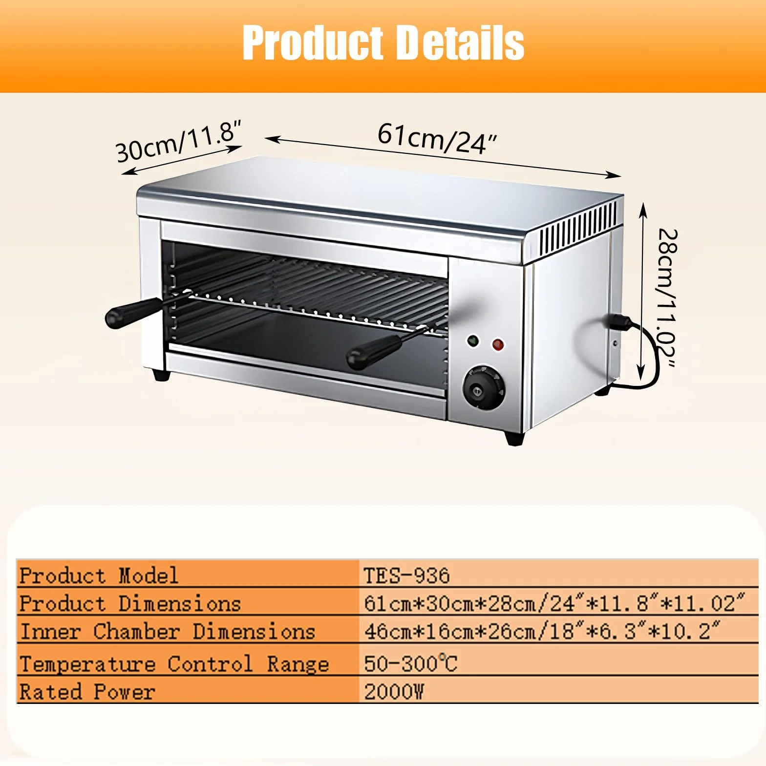 Piekarnik blatowy, 2000 W, stekowniak ze stali nierdzewnej, timer, 50–300°C, komercyjny grill do wołowiny i kurczaka,do użytku domowego i komercyjnego