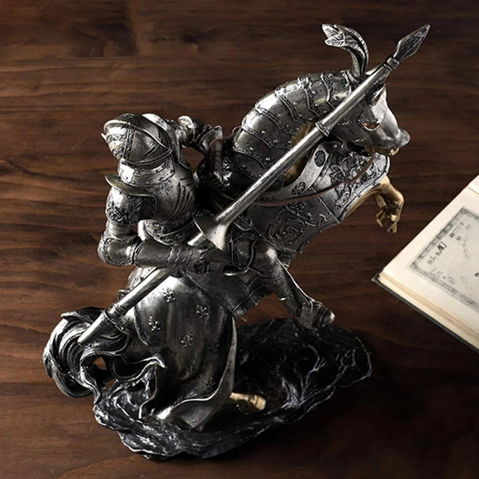 Rzeźba artystyczna na biurko – 3D zbroja rycerza statuetka ozdoba, rzeźba rycerza konia, figurka do dekoracji domu, statuetka dekoracyjna do biura (2 szt.)