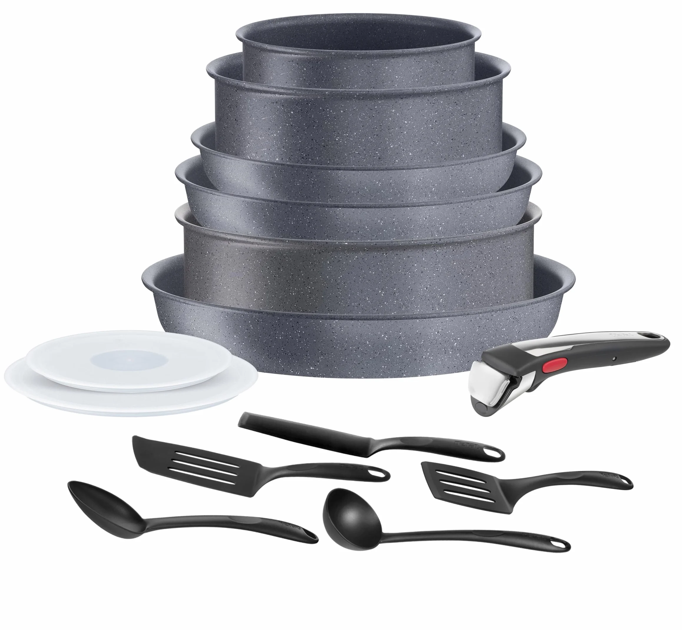 TEFAL L7669902 Zestaw INGENIO Natural On, Patelnie 22/24/28 cm + Garnki 16/20 cm + Saute 24 cm + Pokrywki 16/20 cm + 5 akcesoriów + rączka, powłoka mineralia+, do wszystkich kuchenek, szary