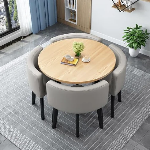 Nowoczesny drewniany stół do jadalni z 4 krzesłami - okrągły/kwadratowy design do salonu i kuchni idealny na konferencje, przyjęcie i spotkania rodzinne