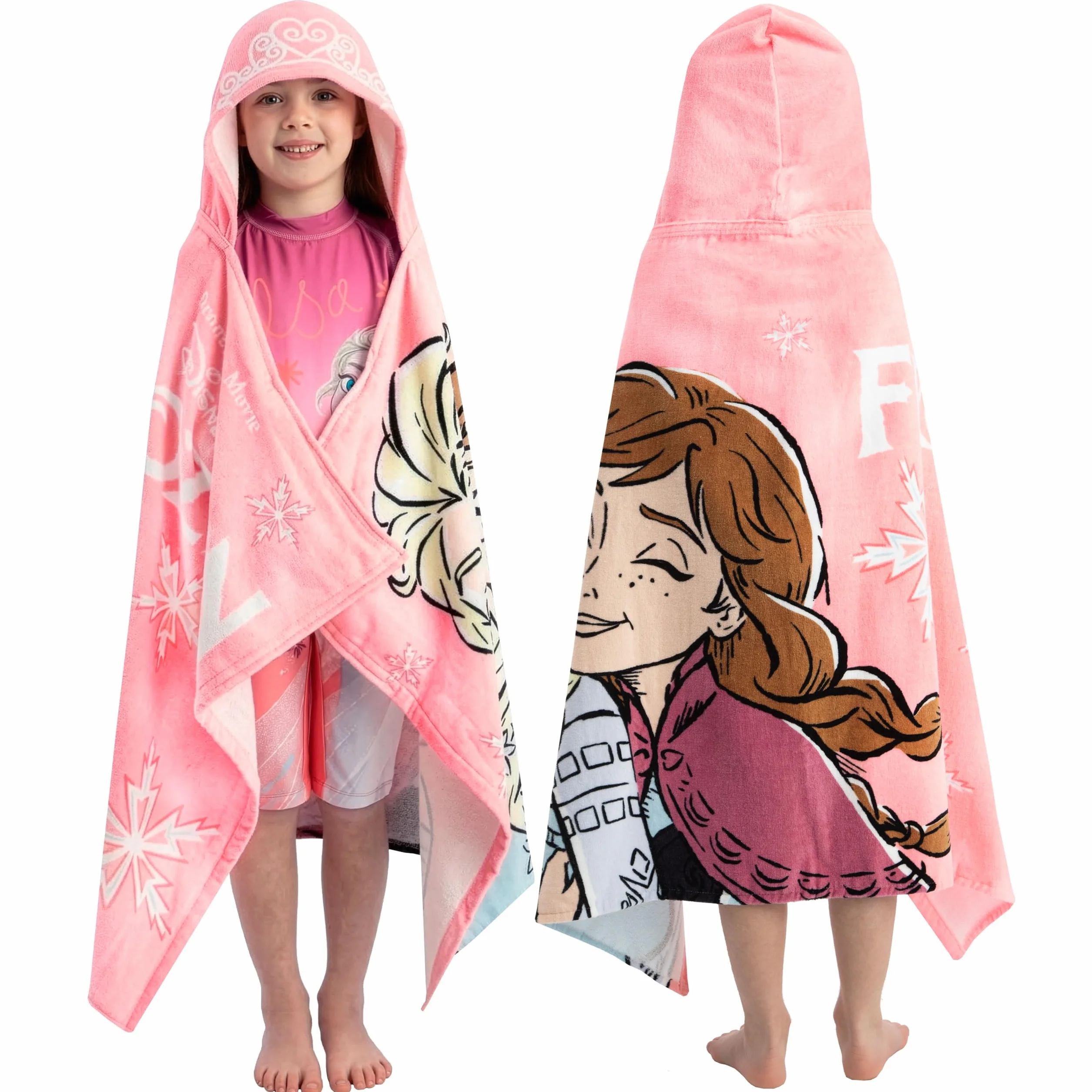Disney Frozen Ręcznik Kąpielowy dla Dziewczynek, Elsa i Anna, Ręcznik z Kapturem do Noszenia, Plażowy i Basenowy, Różowy, Jeden Rozmiar