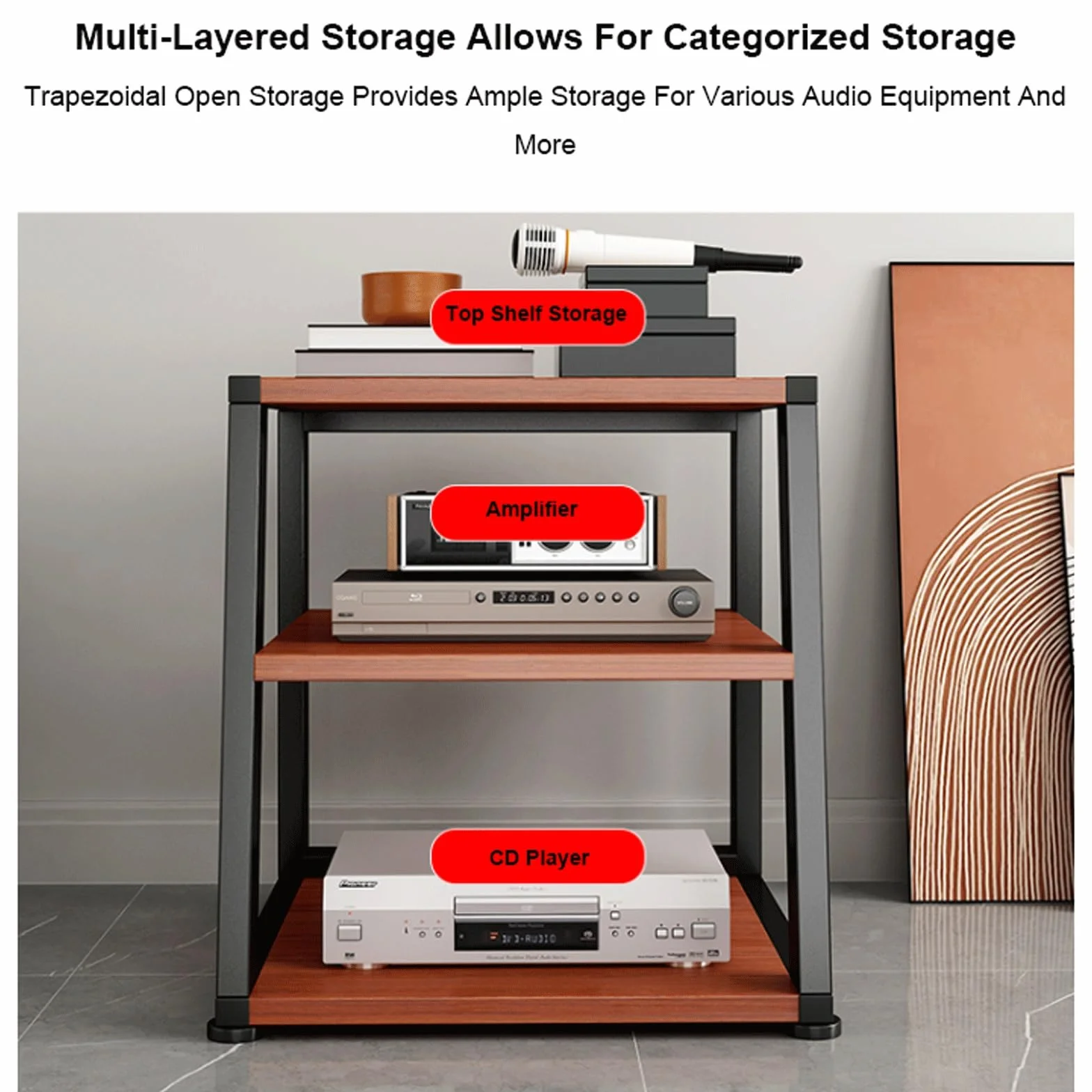 Stojak Av Media Stojak z kółkami Trapezowa konsola do gier Półka Rolling Home Stereo System Rozrywka Komponenty Szafka do gramofonu Salon, Nero-4 Poziom