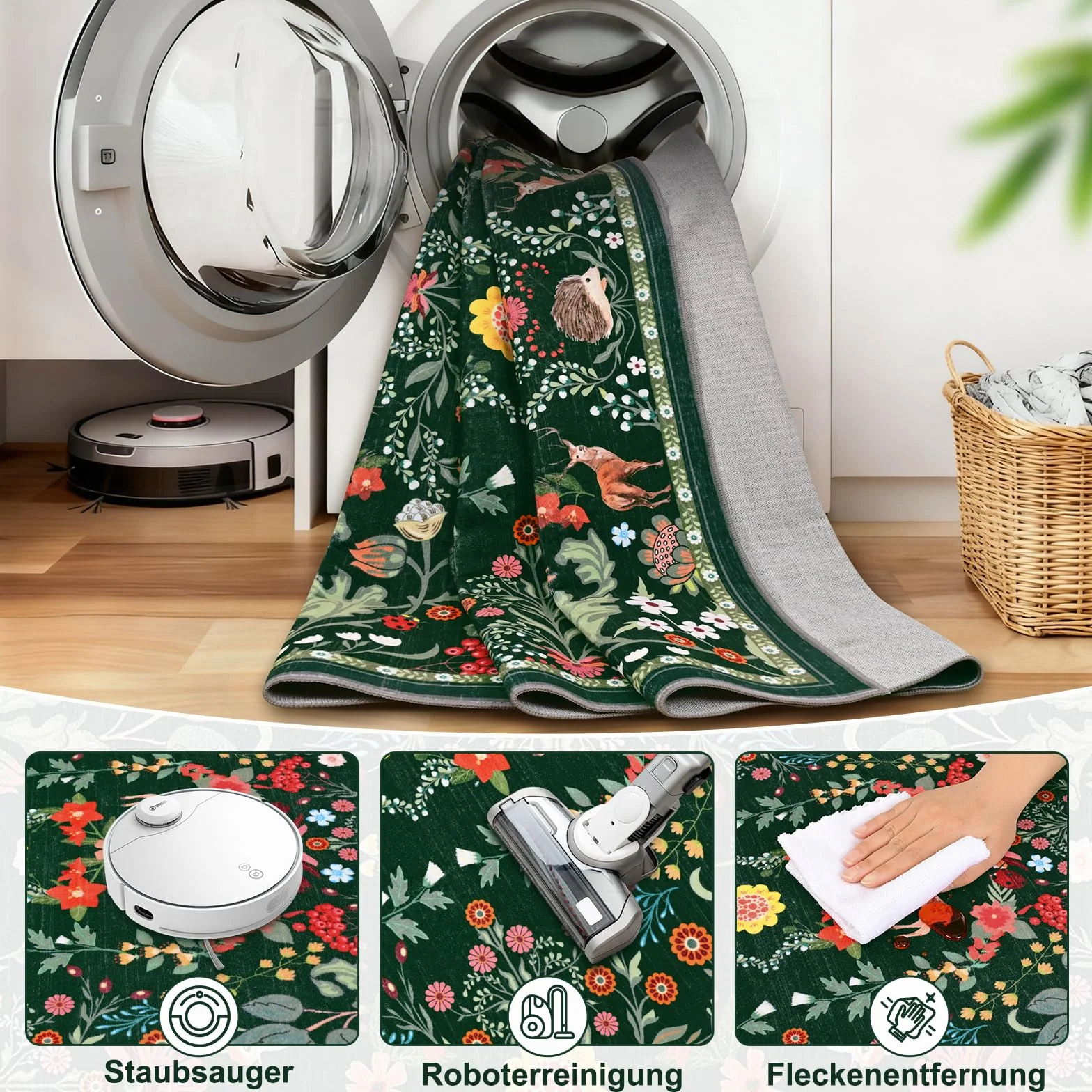 Alishomtll Dywan z krótkim włosiem, antypoślizgowy, miękki, nadaje się do prania, dywan kuchenny, vintage, motywy kwiatowe i roślinne, chodnik do sypialni, pokoju dziecięcego, kuchni, wejścia, zielony