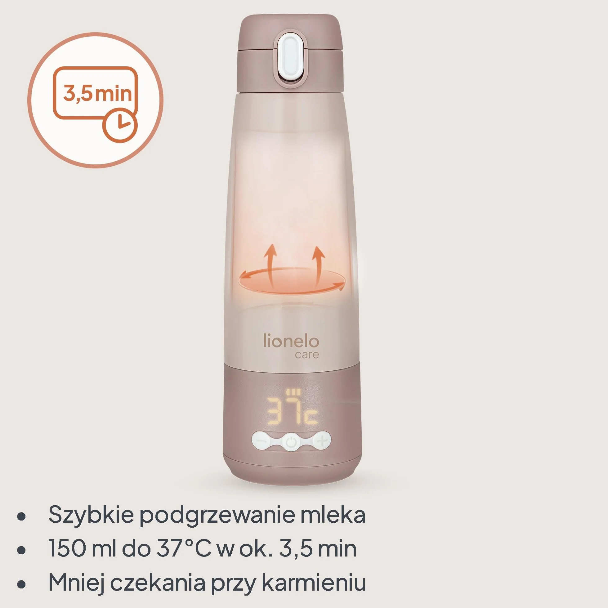 Lionelo Thermup Bottle przenośny podgrzewacz do butelek dla niemowląt, bezprzewodowy, z funkcją ogrzewania, podgrzewa mleko lub wodę w 3,5 min., 37-55 °C, utrzymuje ciepło do 20 h, stal nierdzewna