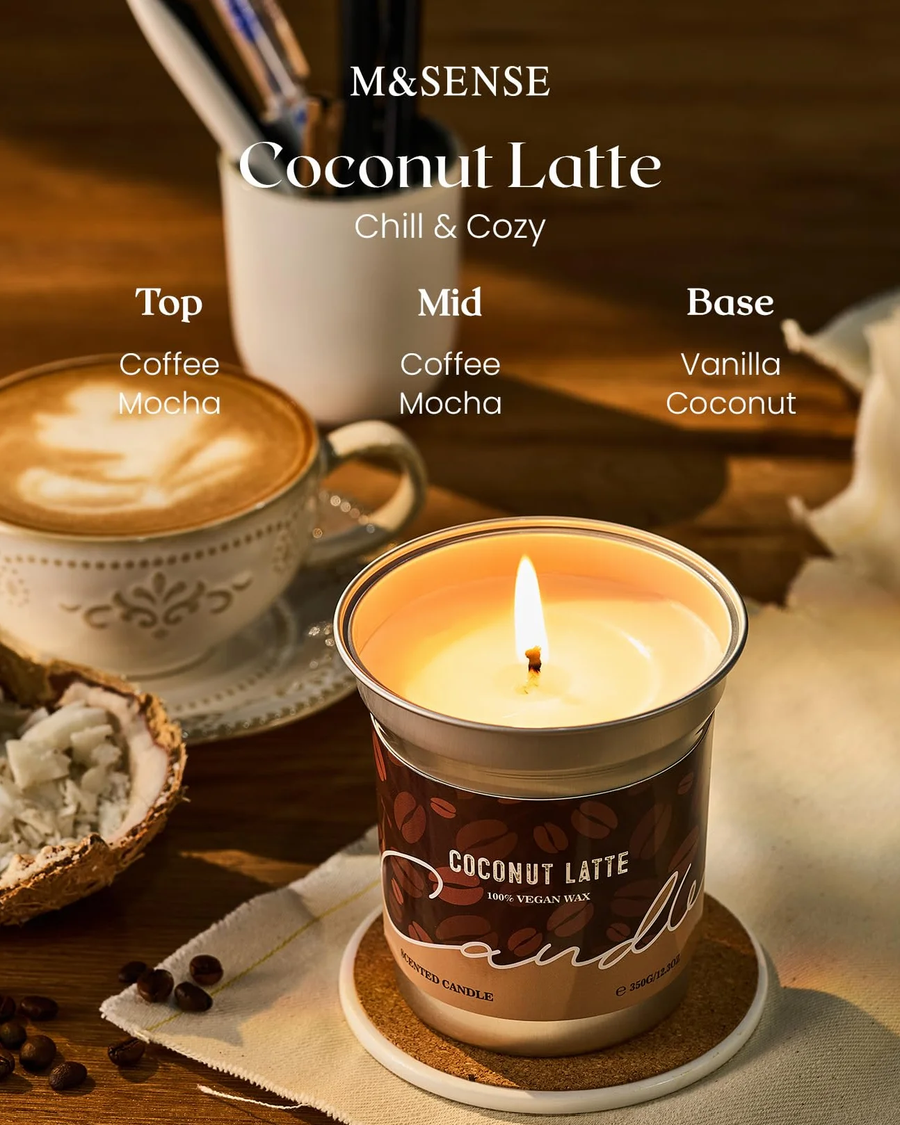 M&SENSE Świeca zapachowa z aromatem kawy 460g, zapach kokosowego latte, 99 godzin długotrwałego palenia, mocno pachnące świece, świeca z wosku sojowego do sypialni, kuchni, dekoracji domu, zimowe