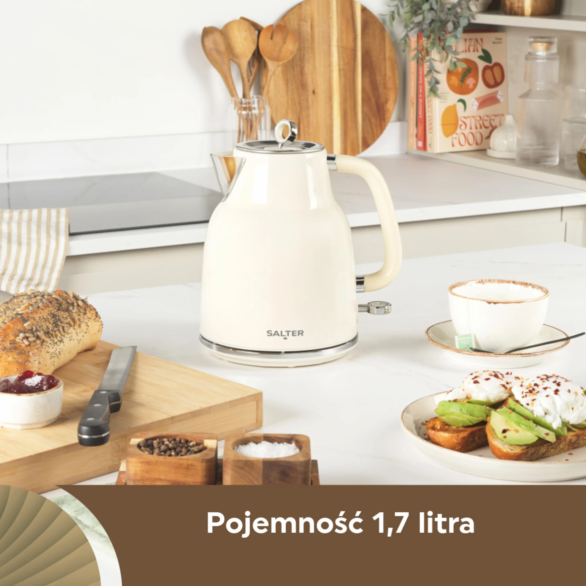Salter Czajnik Retro 1,7 l – szybkie gotowanie 3 kW, podstawa 360°, wyjmowany filtr wapienny, bezprzewodowy, okienko poziomu wody, czujnik gotowania na sucho i automatyczne wylaczanie, krem