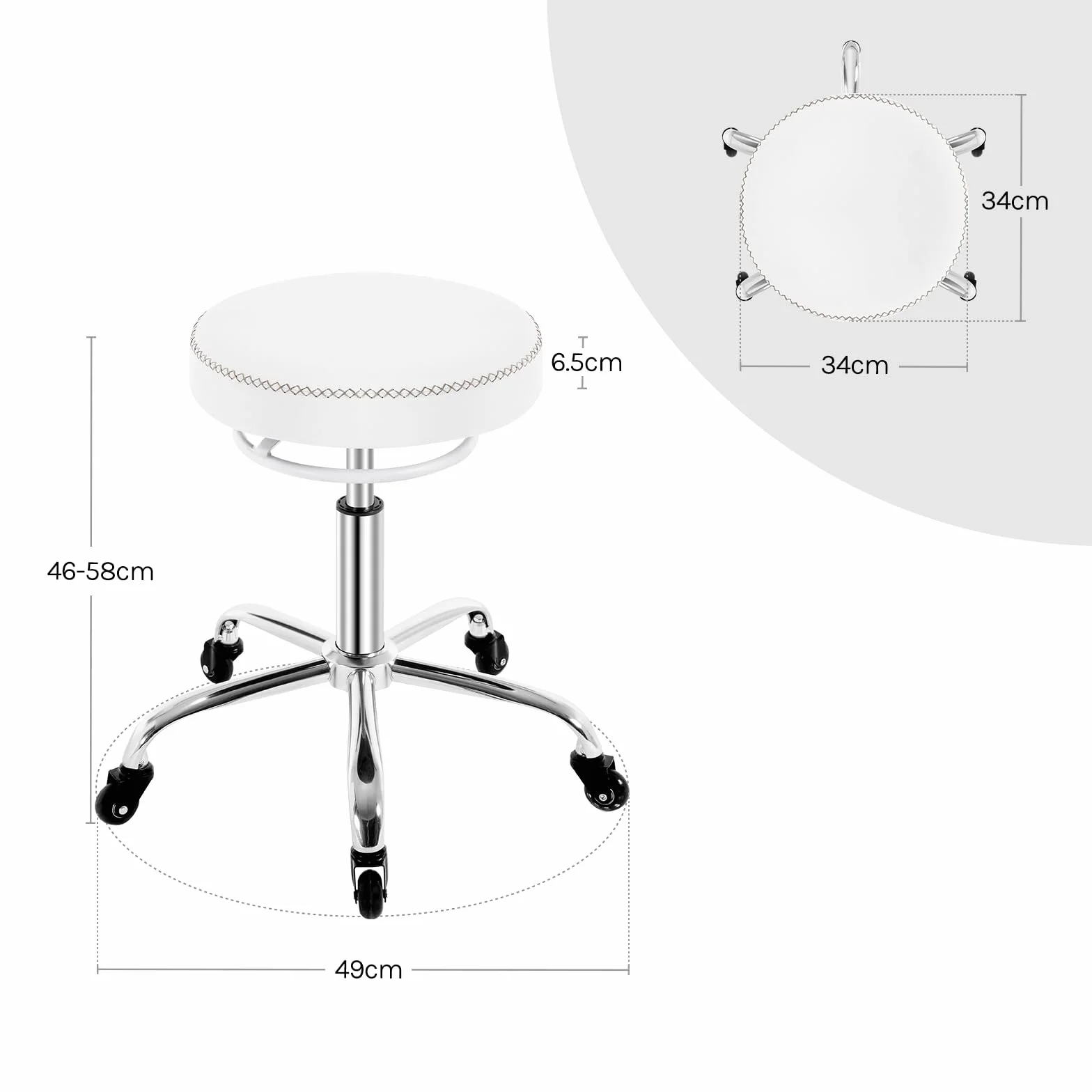 WOLTU Taboret na kółkach z regulacją wysokości, taboret biurowy obrotowy o 360°, taboret obrotowy na kółkach, okrągły taboret roboczy do biura, salonu i spa, sztuczna skóra, biały