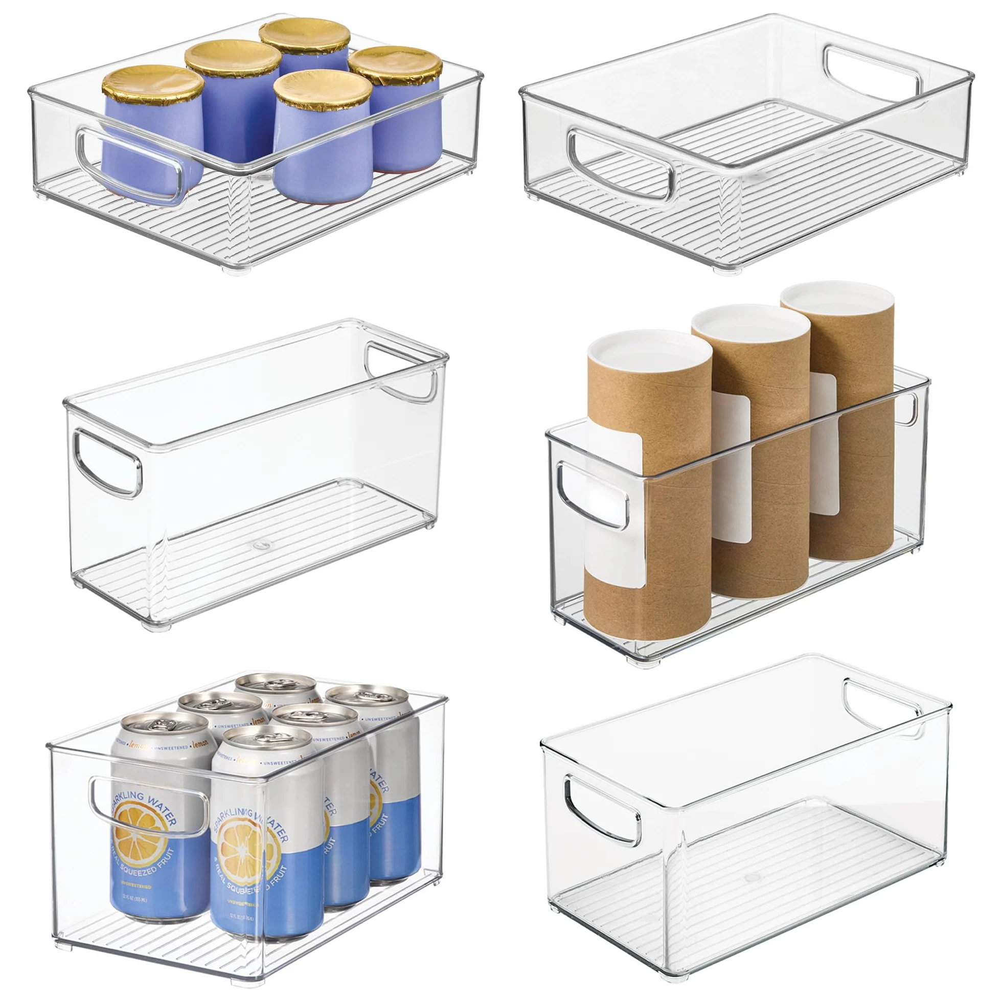 iDesign 6-częściowy organizer kuchenny z recyklingu, z tworzywa sztucznego, z wbudowanymi uchwytami, do kuchni, lodówki, zamrażarki, spiżarni i szafek, różne rozmiary, przezroczysty