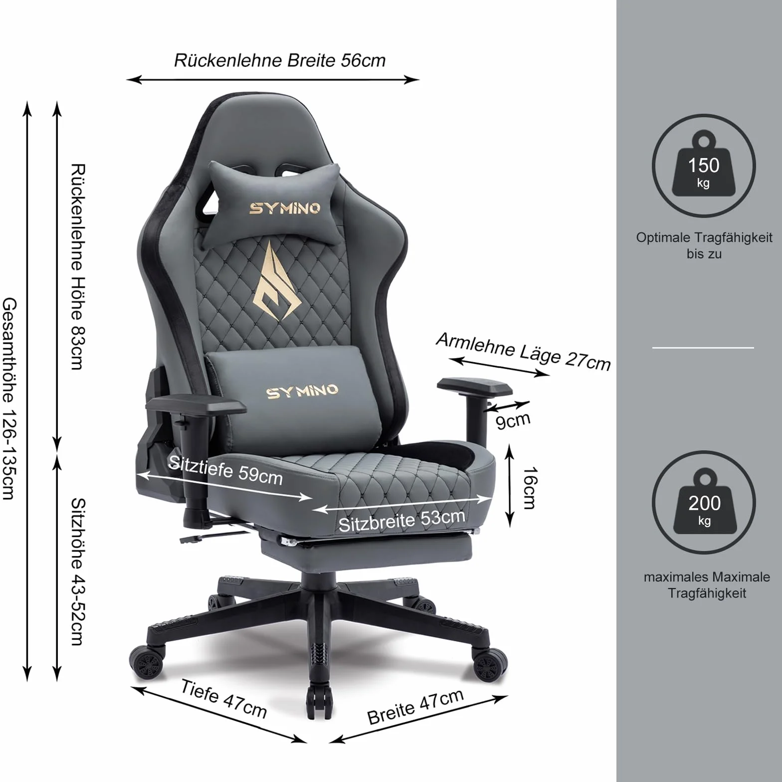 Symino Ergonomiczne Krzesło Gamingowe w Stylu Wyścigowym – Skóra Syntetyczna Vintage, Regulowane Podłokietniki, z Podnóżkiem/Szary