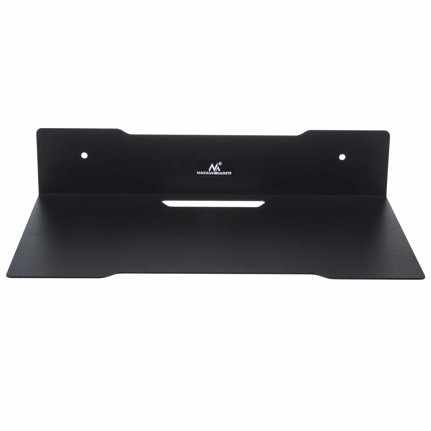 Maclean MC-122 Czarna stalowa półka ścienna, 300 x 205 mm, kompaktowy uchwyt 5 kg na dekoder, router, czyste prowadzenie kabli, łatwy montaż na ścianie